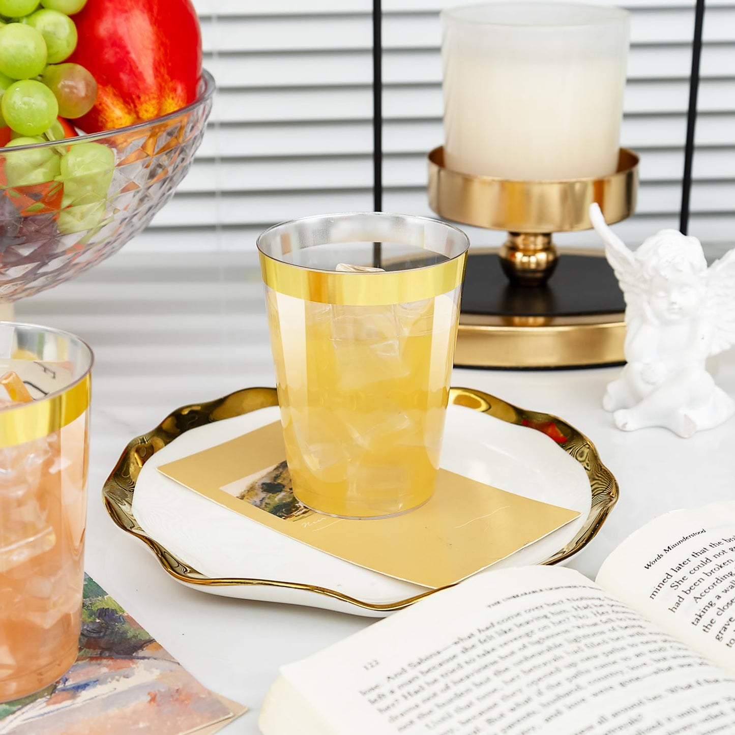 I00000 200 Pack Gold Plastic Cups, 9 Oz Elegant Clear Plastic Cups Gold Rimmed Disposable Wine Glasses Fancy Disposable Party Cups Wedding Cups Drinking Tumblers Plastic Cocktail Glasses with Gold Rim