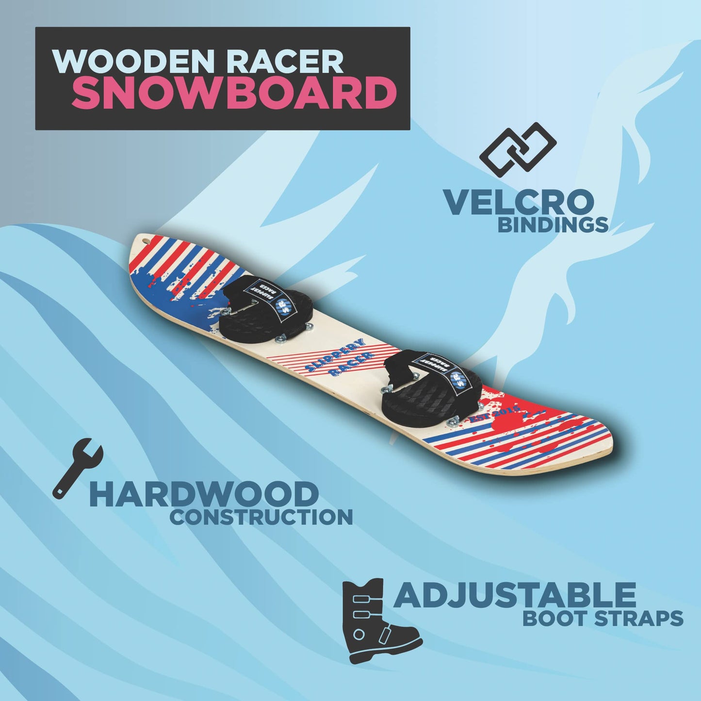 Slippery Racer Kids Hardwood Snowboard with Velcro Binding in Various Sizes (110 CM-Red/Blue)