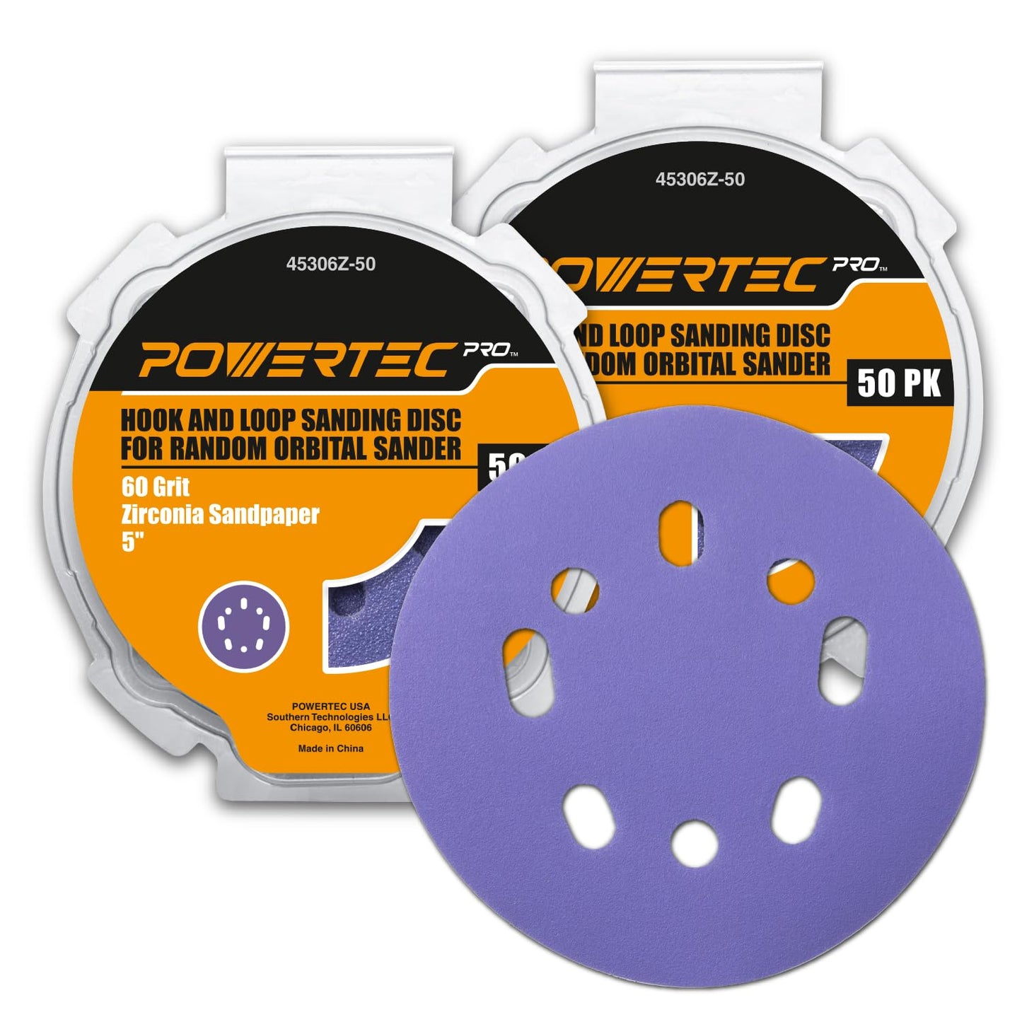 POWERTEC 50 PCS 220 Grit - 5 Inch 8 Hole Hook and Loop Sanding Discs, 5" Sanding Pads for Automotive, Drywall, Woodworking with Orbital Sander, Air, and DA Sander (44022G-50)