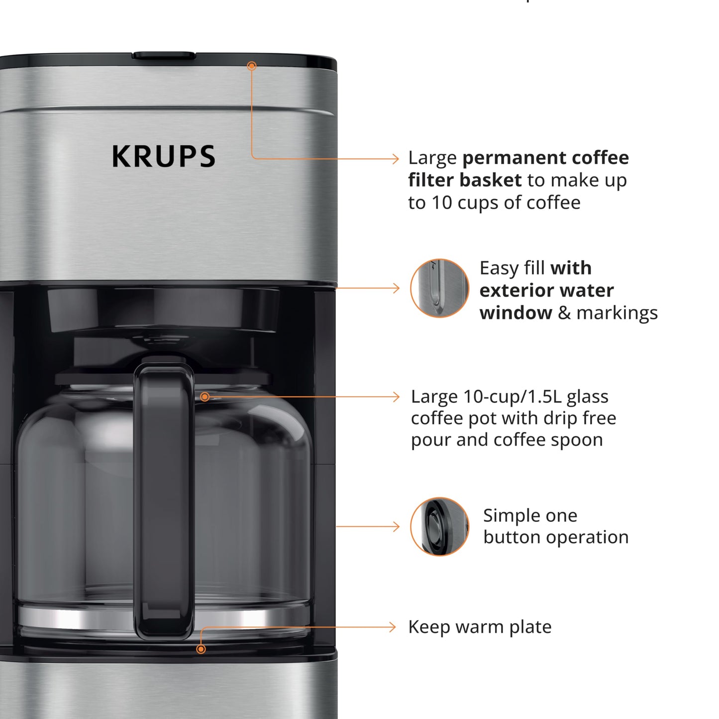 KRUPS Newer Model Drip Coffee Maker, 10-Cup, Silver