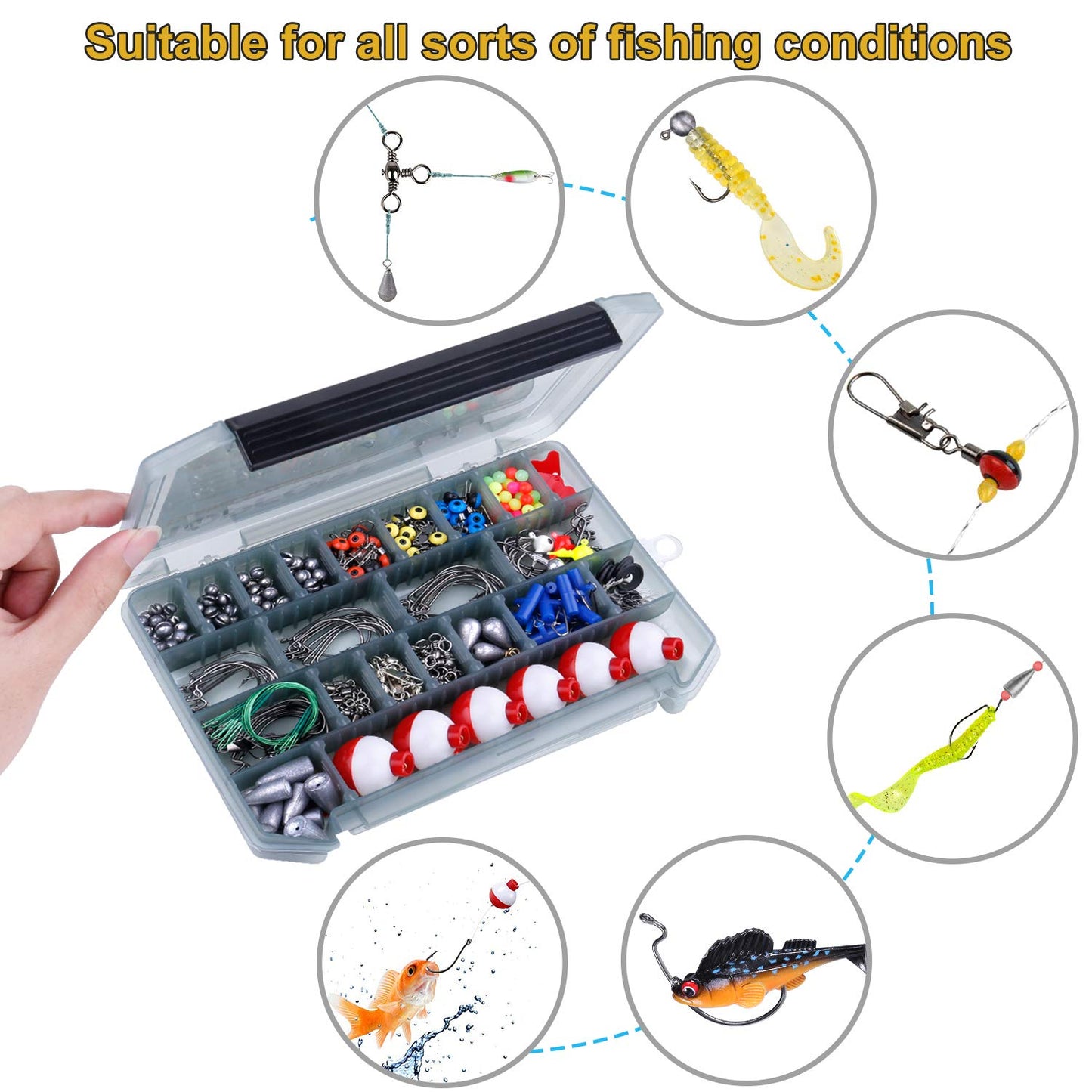 TOPFORT 187/343pcs Fishing Accessories Kit, Organized Fishing Tackle Box with Tackle Included, Fishing Hooks, Fishing Weights Sinkers, Fishing Gear and Equipment, Fishing Gift for Men