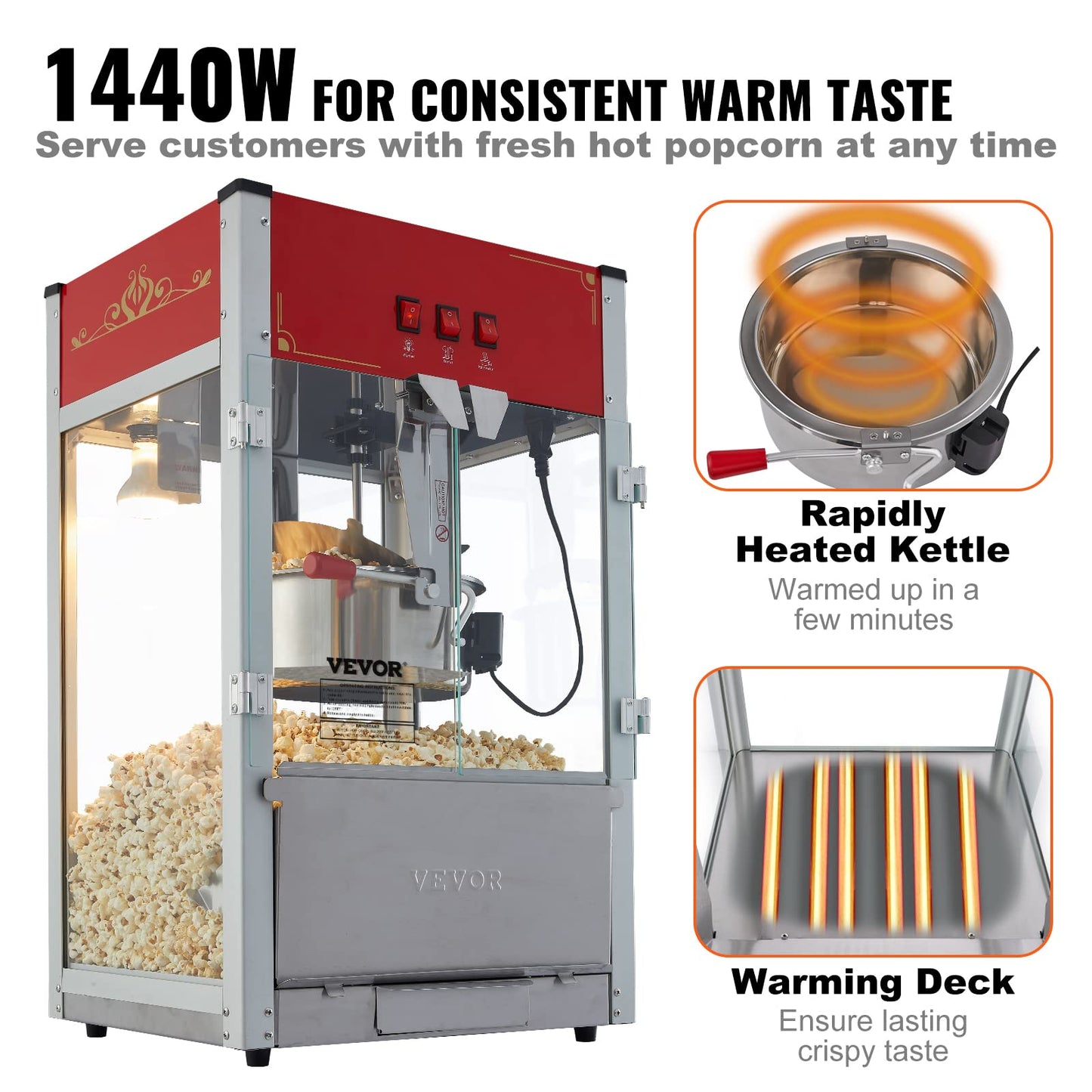 VEVOR Commercial Popcorn Machine, 8 Oz Kettle, 850 W Countertop Popcorn Maker for 48 Cups per Batch, Theater Style Popper with 3-Switch Control Steel Frame Tempered Glass Doors 2 Scoops 2 Spoons, Red
