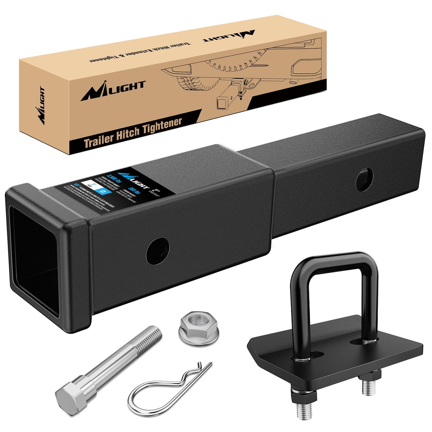 Nilight Trailer Hitch Receiver Extender Adapter Reducer 1-1/4 to 2Inch Hitch Adapter 6-1/2 inch Extension Sleeve Convertor 350Lbs with 1/2-Inch Diameter Pin and Clip with 5/8-Inch Adapter