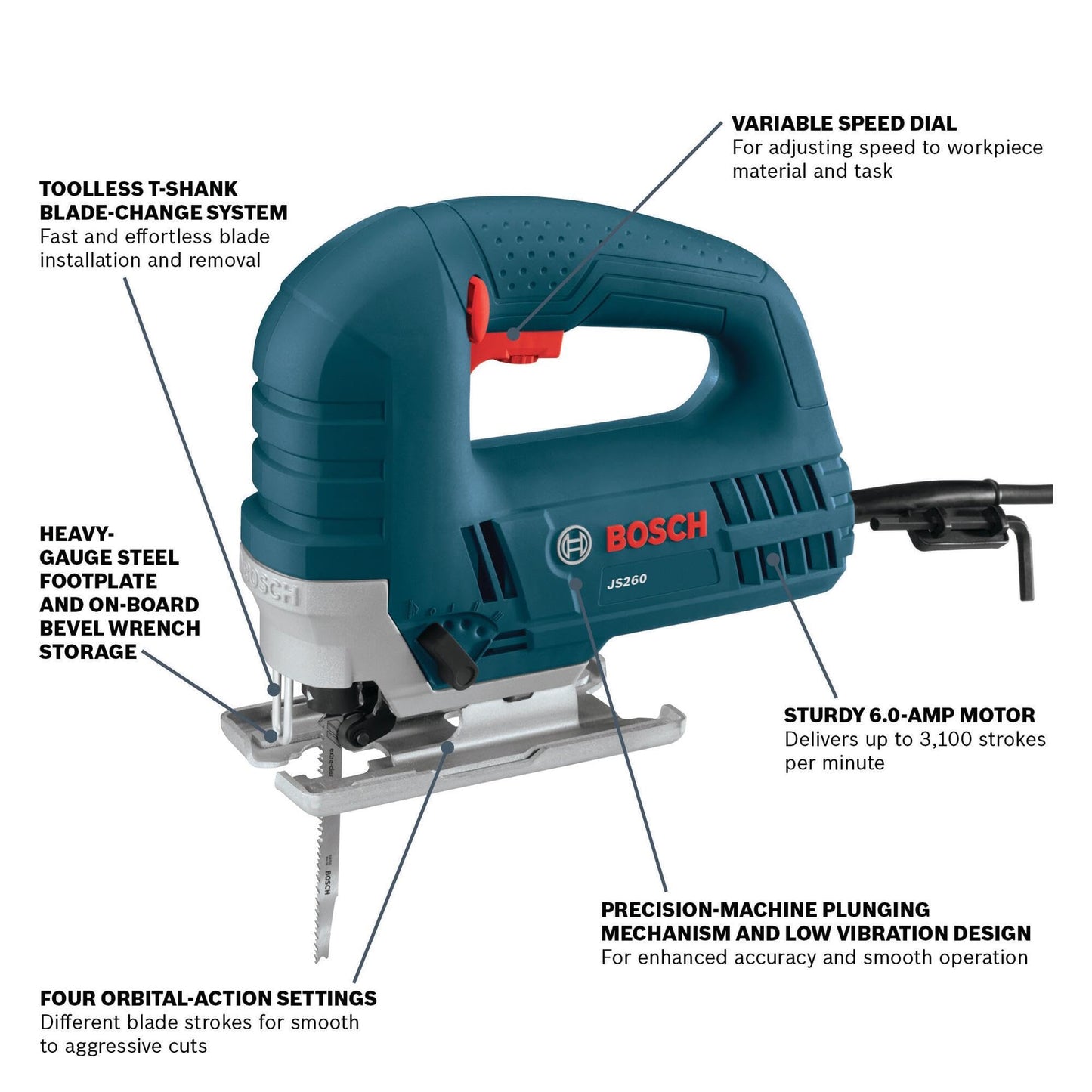 BOSCH JS260 Top-Handle Jig Saw - 6.0 Amp Motor, Variable Speed Control, Low-Vibration Plunging Design, Toolless Blade Change System - Ideal for Accurate and Smooth Cutting