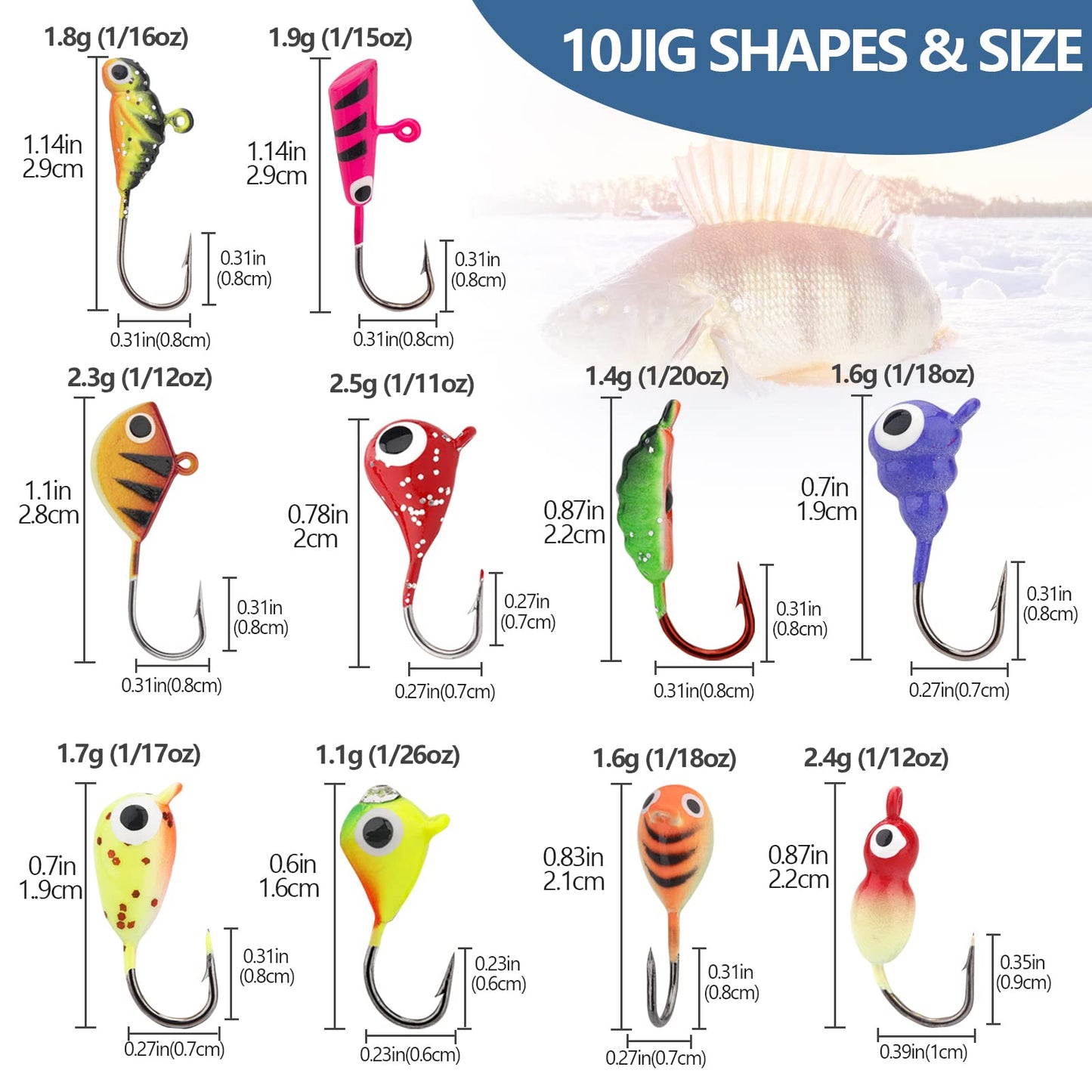 THKFISH Ice Fishing Jigs Kit Ice Fishing Lures for Walleye Perch Jigs Heads for Ice Fishing Tackle Panfish Crappie Jigs 50PCS/31PCS
