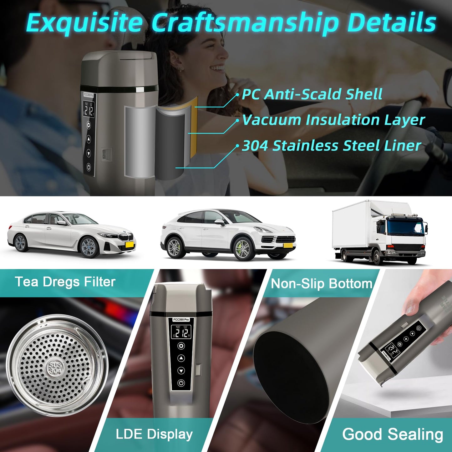 Car Electric Kettle: 12V/24V Portable Water Boiler Heated Travel Mug,Multiple Temperature Adjustable Coffee Tea Truck Cup with 304 Stainless Steel Dry Burn Protection & Handy Cup Bag