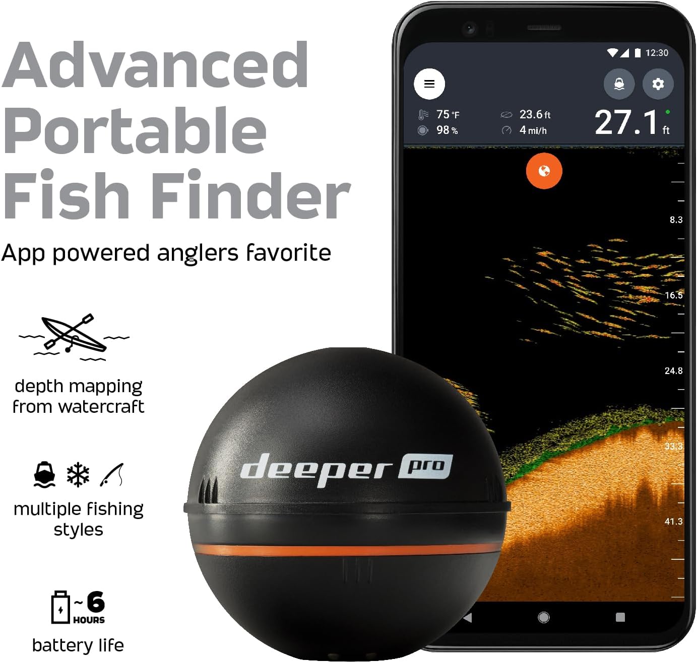 Deeper PRO Smart Sonar Fish Finder Bundle – Castable Wi-Fi Fish Finder with Smartphone Mount for Fishing Rod | Portable Depth Finder for Bank, Boat, Kayak, Ice Fishing | GPS Mapping & App Compatible