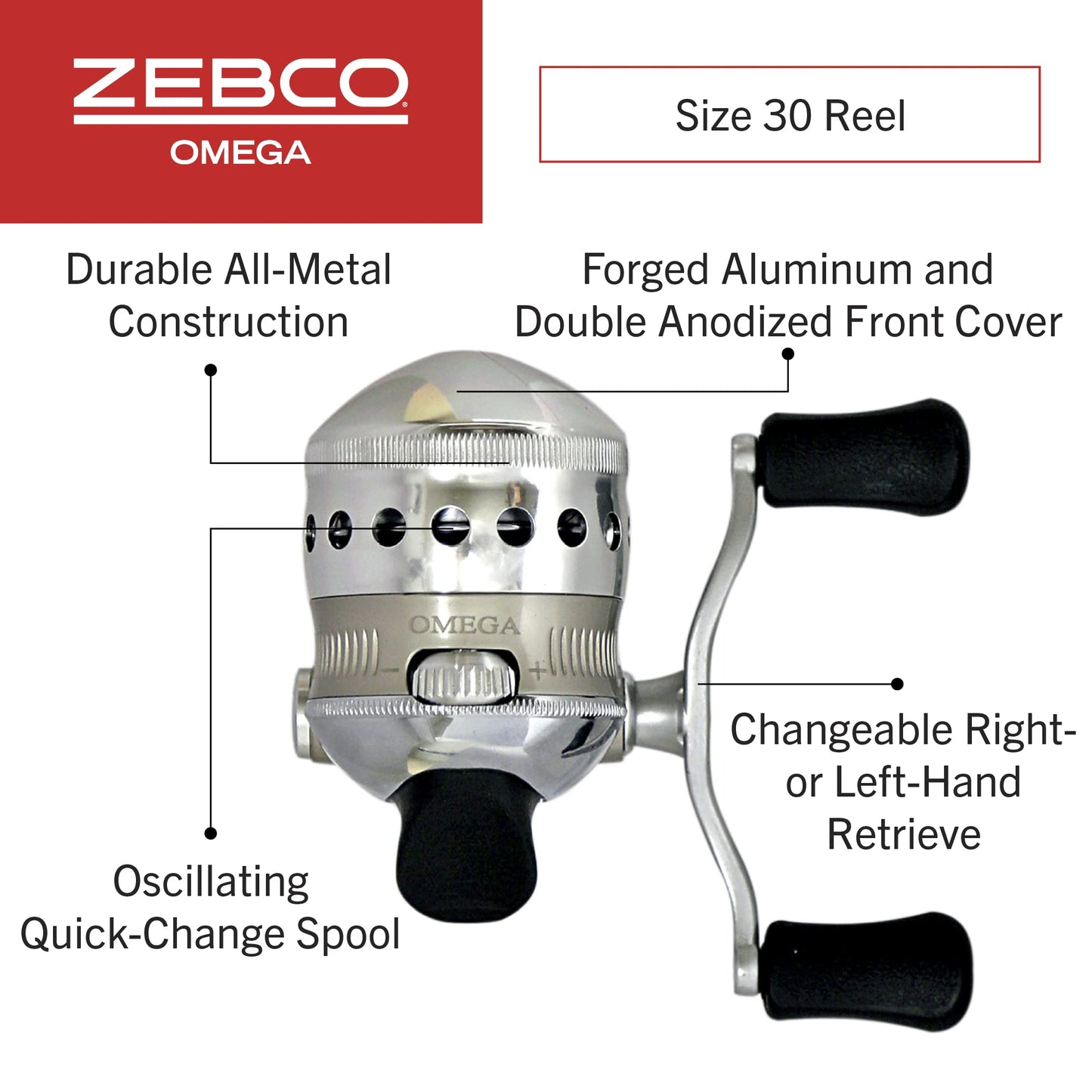 Zebco Omega Spincast Fishing Reel, Size 30 Reel, Changeable Right or Left-Hand Retrieve, Pre-Spooled with 10-Pound Zebco Fishing Line, Aluminum and Double Anodized Front Cover, Silver