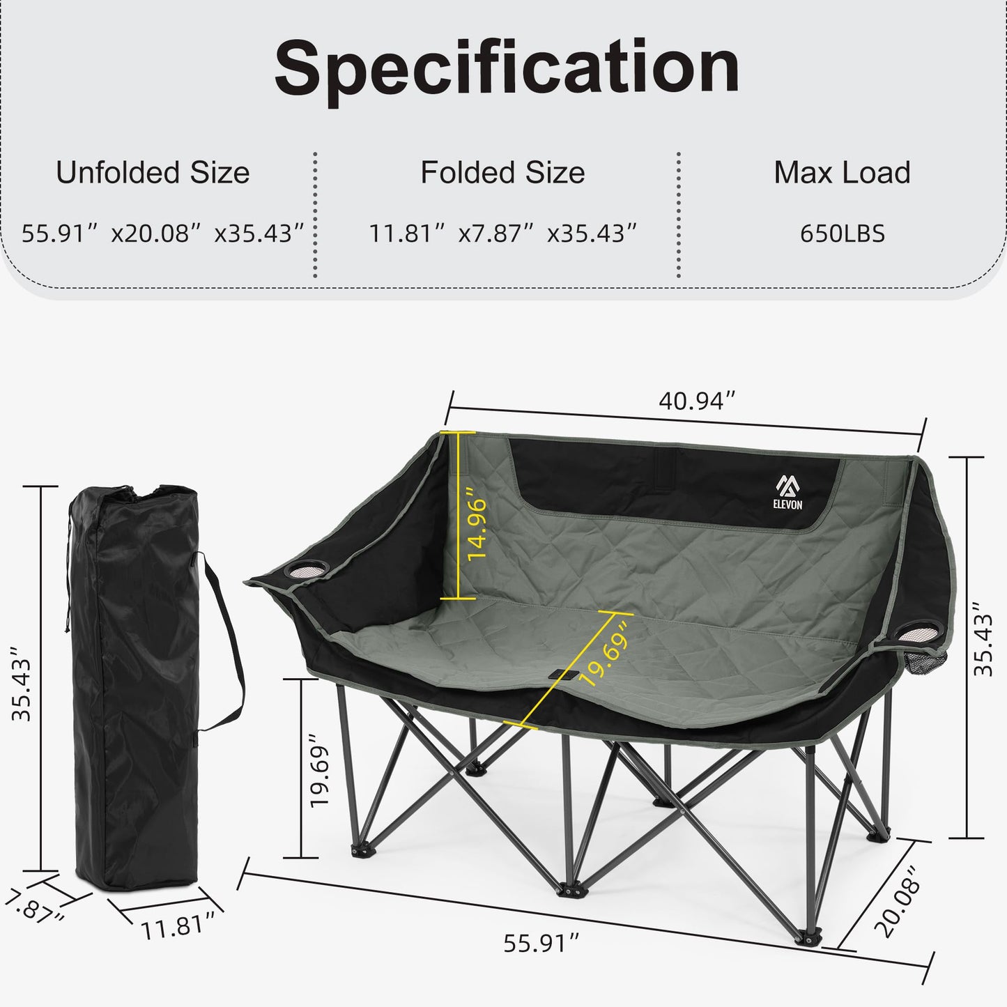 Camping Chair, Oversized Loveseat Double 2 Person Outdoor Chair with Arms, Cup Holder and Carry Bag, Heavy-Duty Collapsible Chair for Outside,Black/Gray