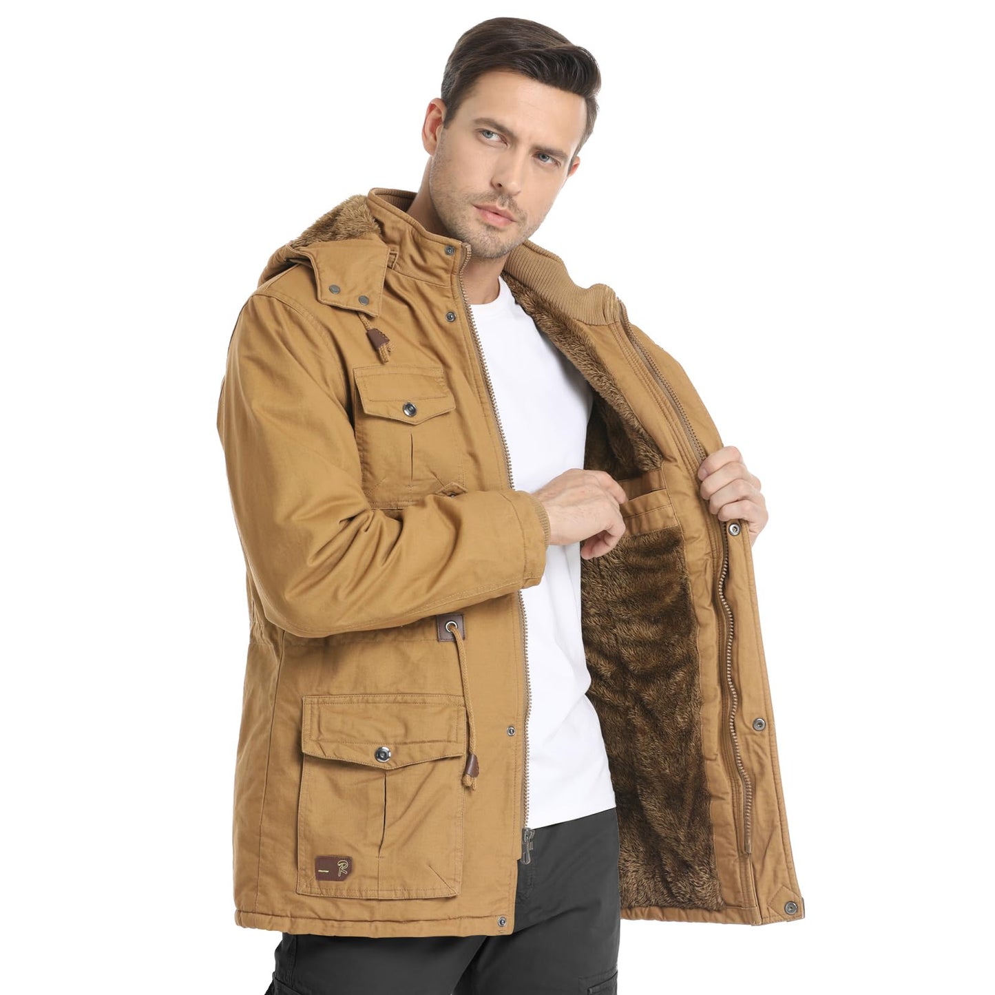 CHEXPEL Men's Thick Winter Jackets with Hood, Fleece Lining, Cotton Military Work Jackets with Cargo Pockets, Outwear