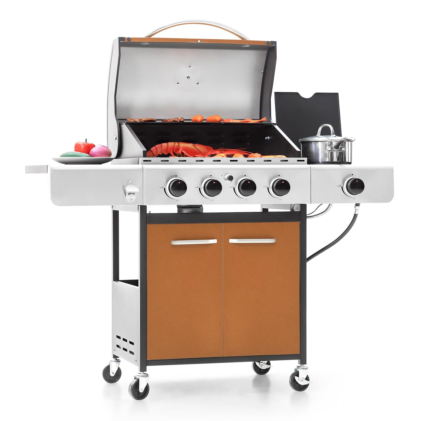 Captiva Designs 4-Burner Propane Gas BBQ Grill with Side Burner & Porcelain-Enameled Cast Iron Grates, 42,000 BTU Output Stainless Steel Grill for Outdoor Cooking Kitchen and Patio Backyard Barbecue