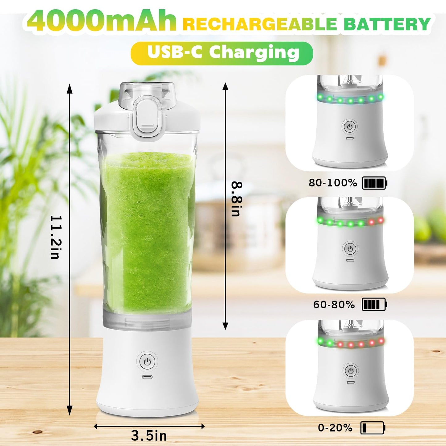 Portable Blender with Insulated Carrying Case & Recipe Book for Shakes and Smoothies, 24 OZ Personal Juicer Electric Protein Shaker Bottle, Mini Small Blender Cup with USB-C Rechargeable, Travel Lid