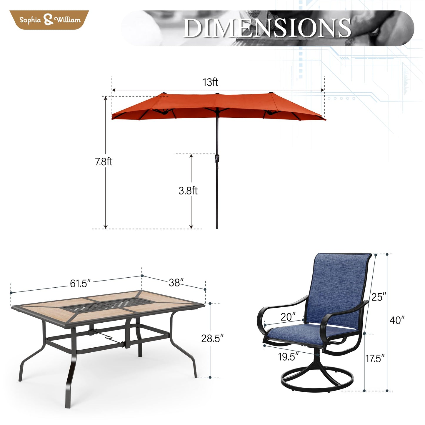 Sophia & William Patio Set with Umbrella 8 Pieces Outdoor Dining Set for 6 with 13ft Double-Sided Patio Umbrella Beige, 6 x Swivel Patio Chairs, 1 Metal Table for Lawn Garden