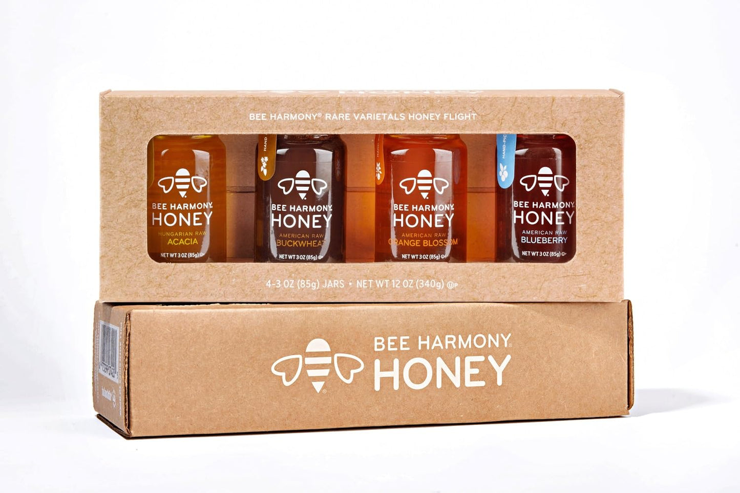Bee Harmony Classic Honey Flight, Mini Honey Gift Set, 4 Jars, 3 OZ Each, Premium, Raw, Made in the USA