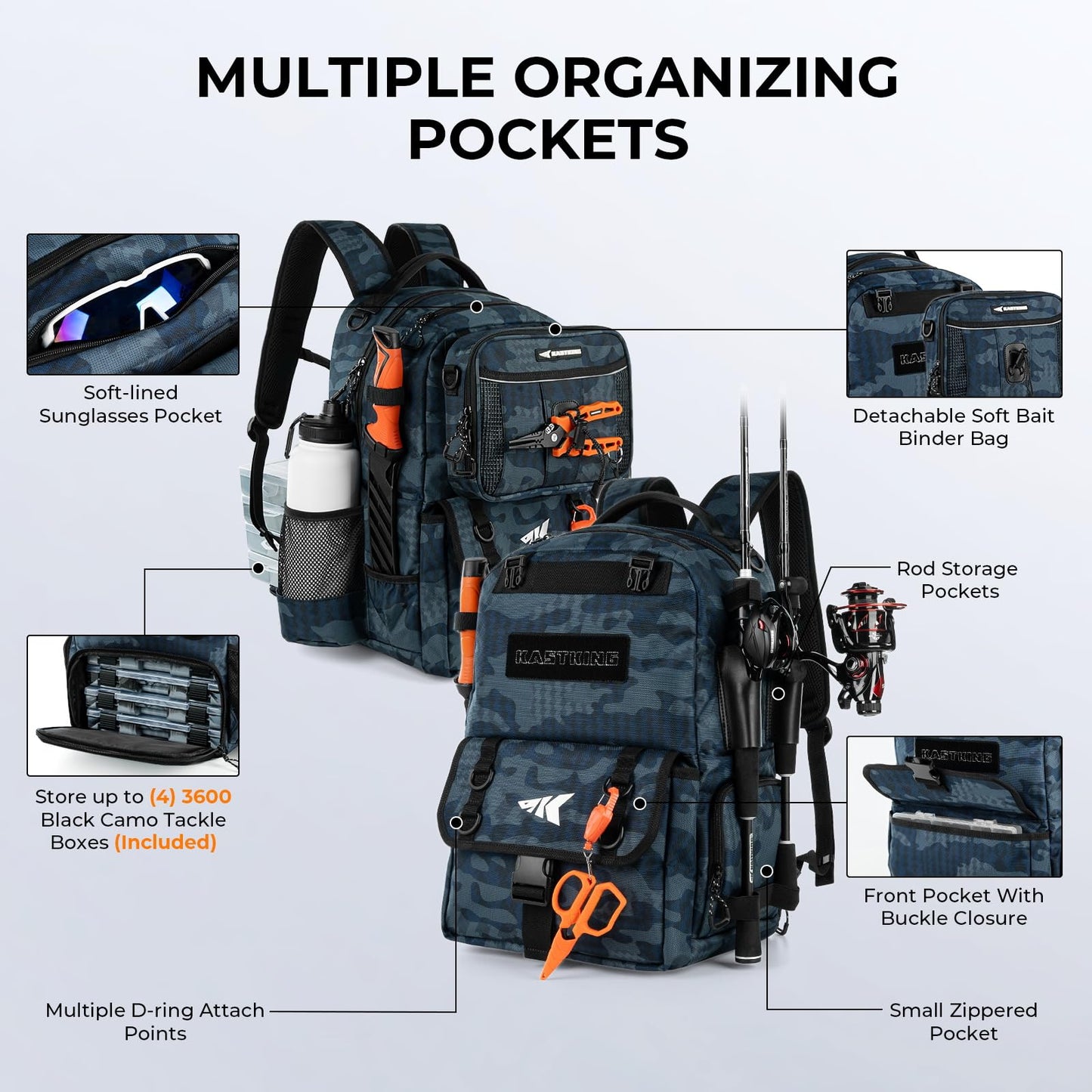 KastKing BaitSpace 50L Fishing Tackle Backpack with Removable Bait Binder & 4 Tackle Boxes, Rod Holders Storage Fishing Gear