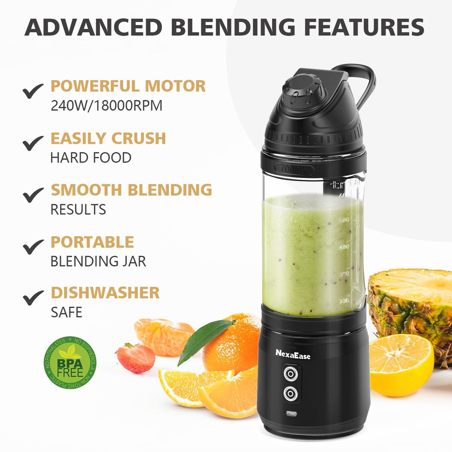 Portable Blender with Insulated Carrying Case & Recipe Book for Shakes and Smoothies, 24 OZ Personal Juicer Electric Protein Shaker Bottle, Mini Small Blender Cup with USB-C Rechargeable, Travel Lid