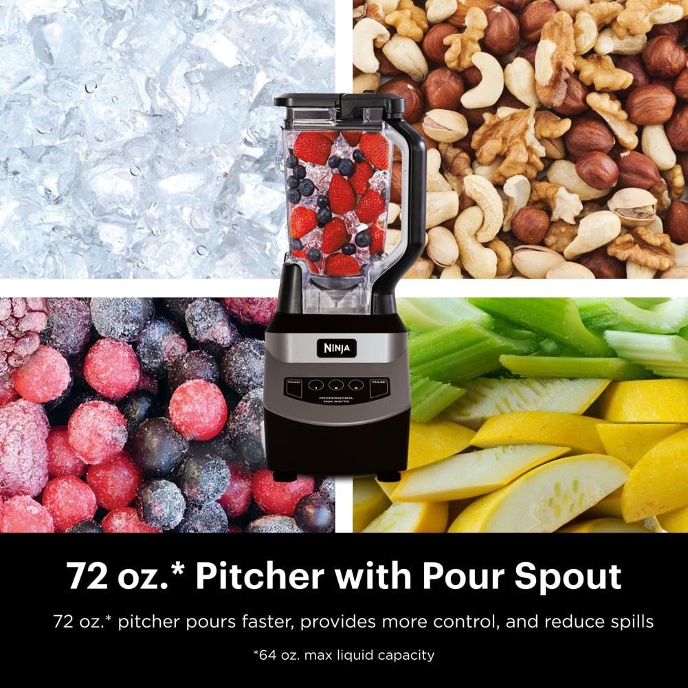 Ninja Professional Blender 1000W, Total Crushing Technology for Smoothies, Ice Crushing & Frozen Fruit, Full-Size Countertop Blender, 72-oz. Pitcher, Black & Grey, BL610