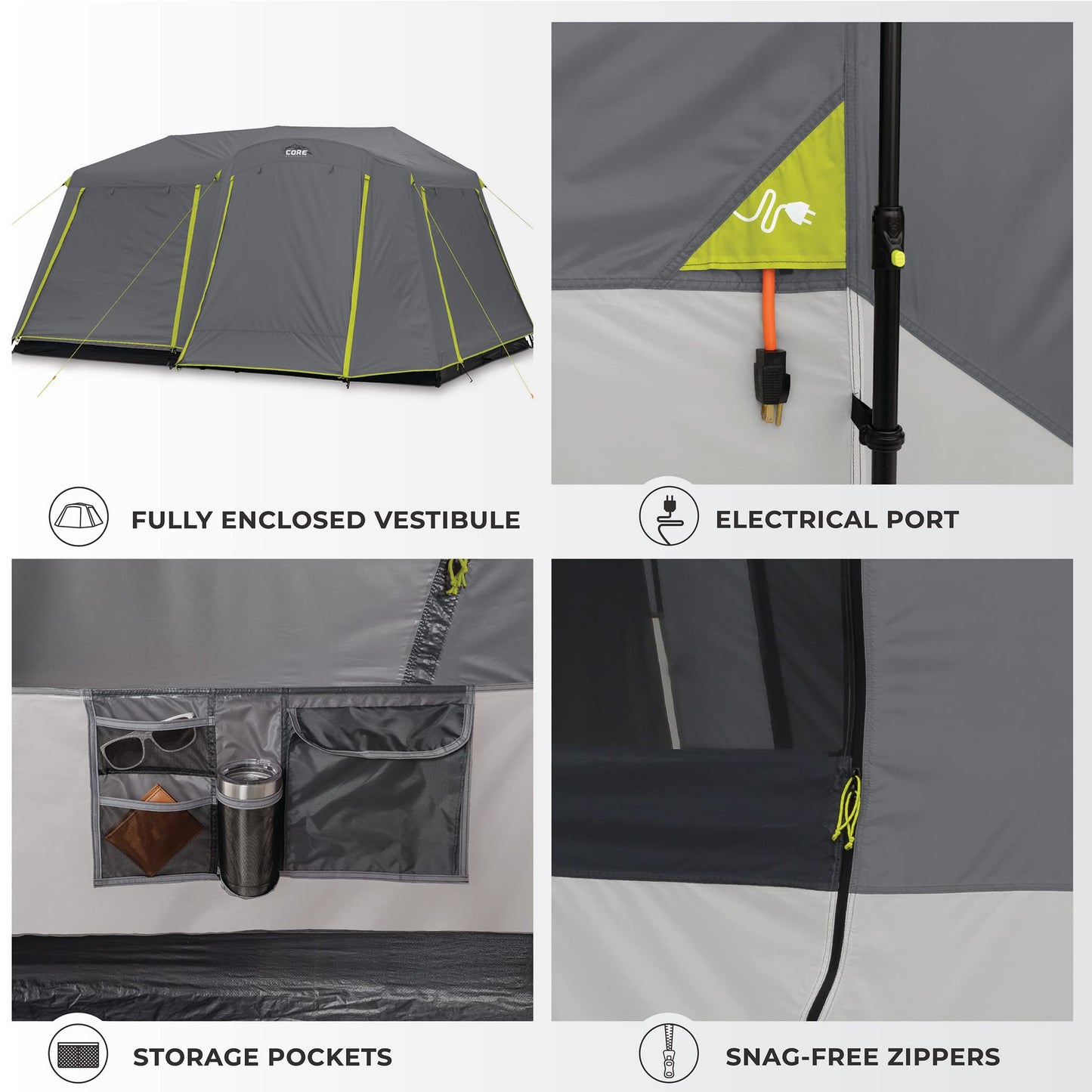 CORE Instant Cabin Tents | 6 Person / 9 Person / 10 Person / 12 Person Family Cabin Multi Room Pop Up Tents Car Camping | Included Storage Pockets for Camping Accessories