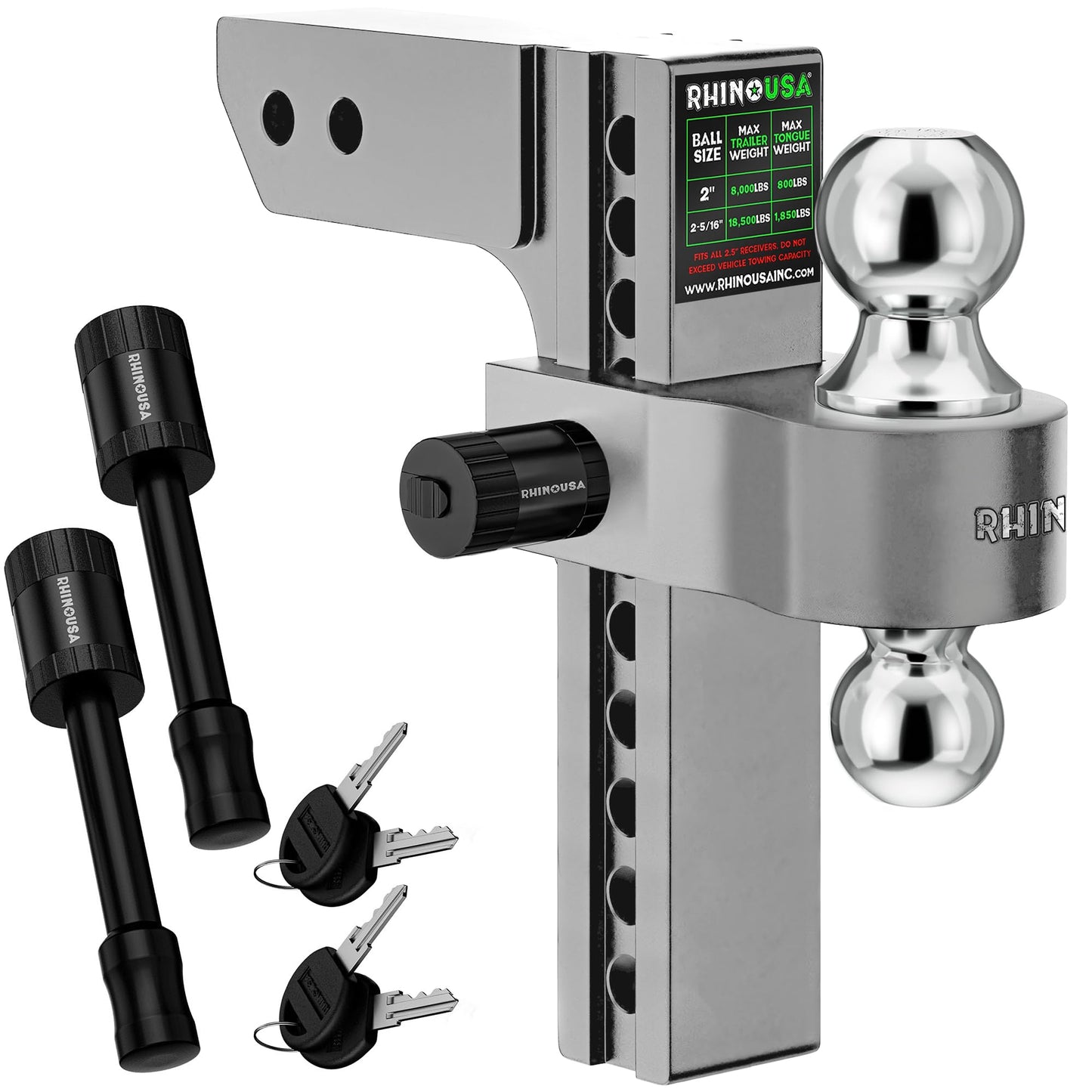 Rhino USA Adjustable Trailer Hitch (Fits 2-Inch Receiver) - Heavy Duty Aluminum Tow Hitches with 6-Inch Drop/Rise for Truck (12,500 LBS GTW) - Weatherproof Double Anti-Theft Locking Hitch Pins (Black)