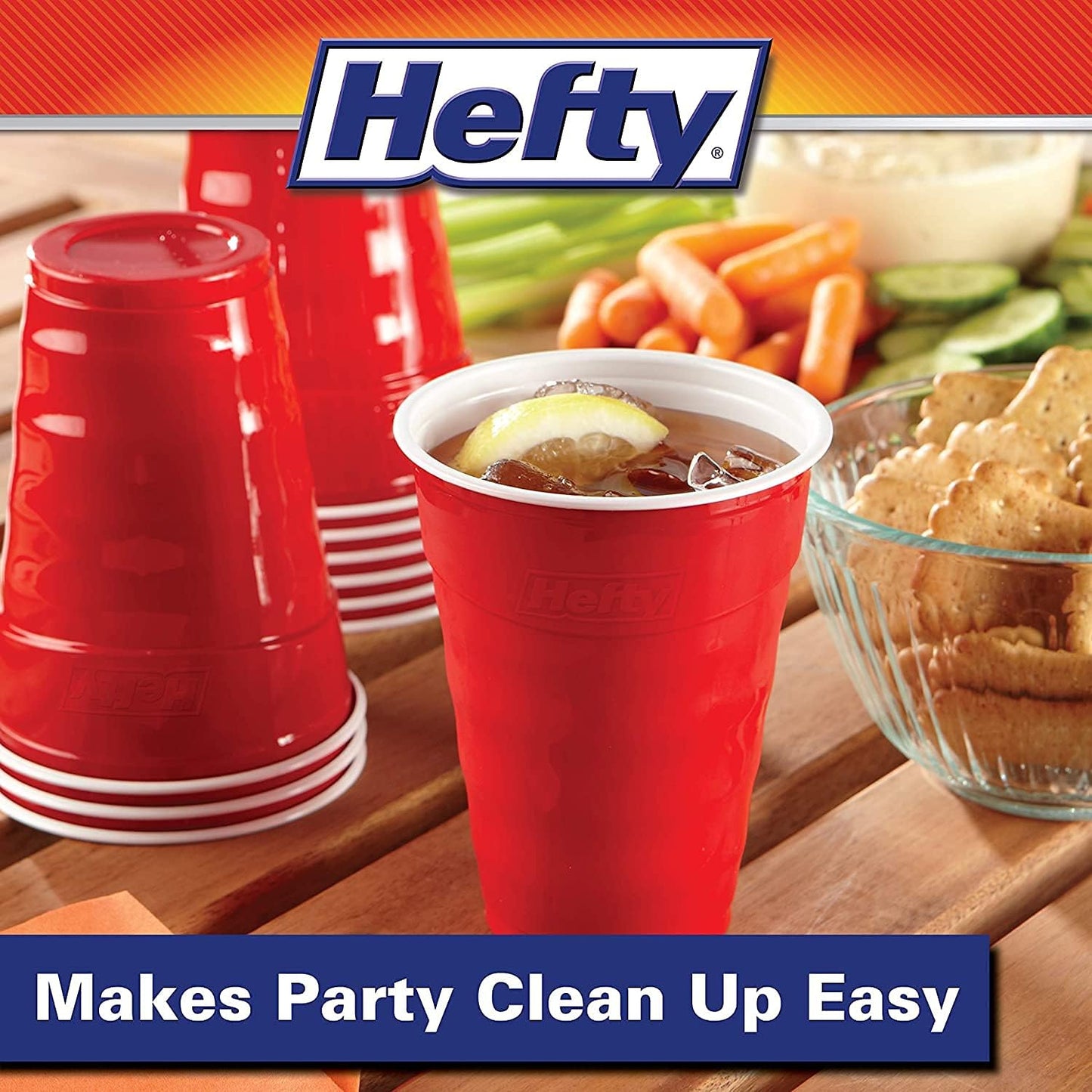 Hefty Party On Red Plastic Cups, Disposable Plastic Party Cups for Easy Cleanup and Large Gatherings, Red Cups for BBQs, Birthdays, Parties, and More, 18 Ounce, 50 Count