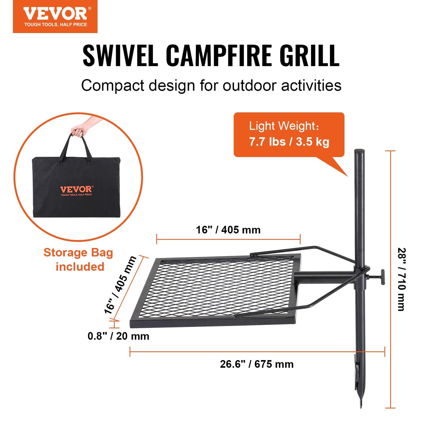 VEVOR Folding Campfire Grill, Heavy Duty Steel Mesh Grate, 22.4" Portable Camping Grates Over Fire Pit, Camp Fire Cooking Equipment with Legs Carrying Bag, Grilling Rack for Outdoor Open Flame Cooking