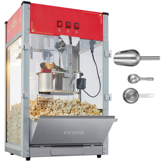 VEVOR Commercial Popcorn Machine, 8 Oz Kettle, 850 W Countertop Popcorn Maker for 48 Cups per Batch, Theater Style Popper with 3-Switch Control Steel Frame Tempered Glass Doors 2 Scoops 2 Spoons, Red