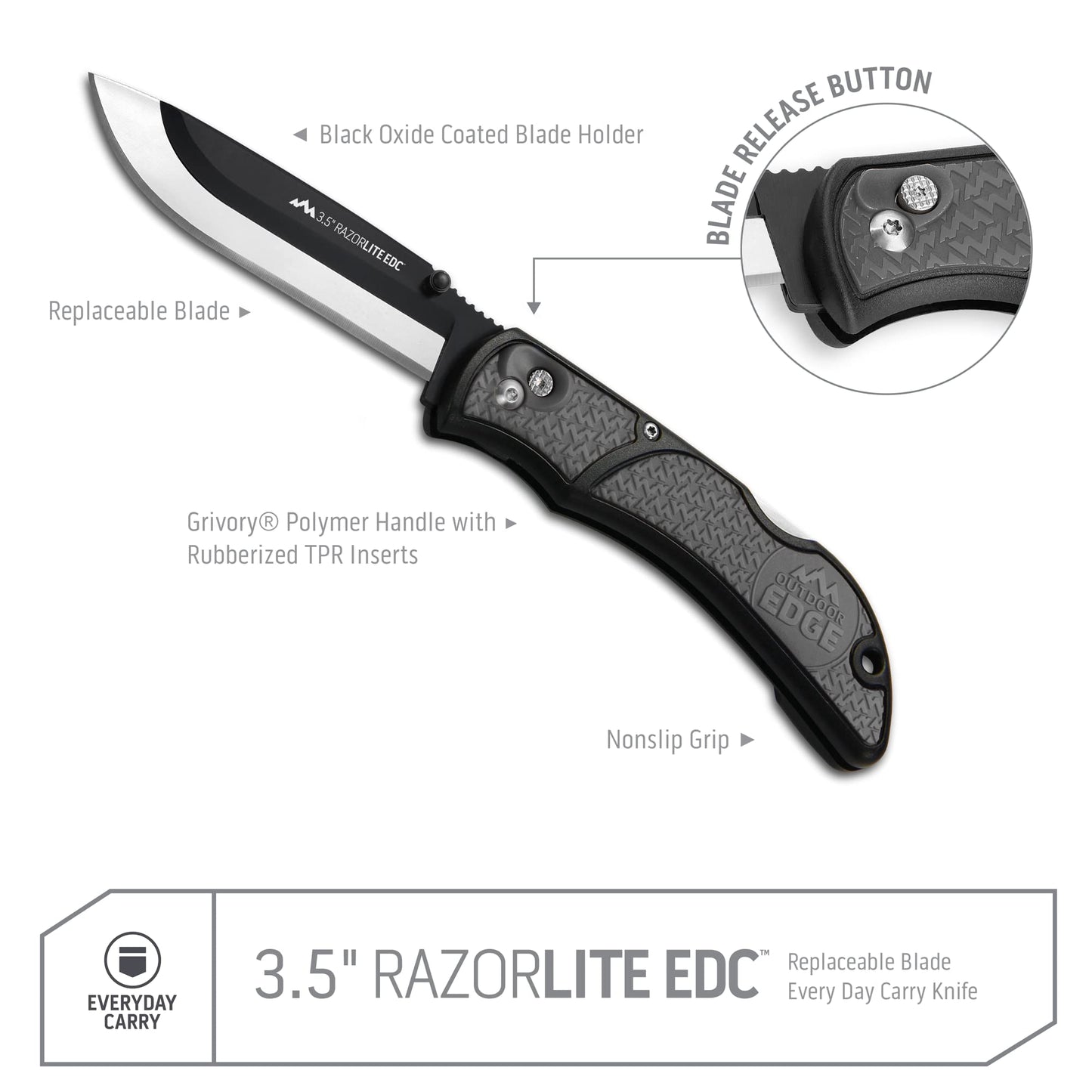 OUTDOOR EDGE 3.5" RazorLite EDC Knife. Pocket Knife with Replaceable Blades and Clip. Perfect For Hunting and Skinning Deer. Gray with 6 Blades