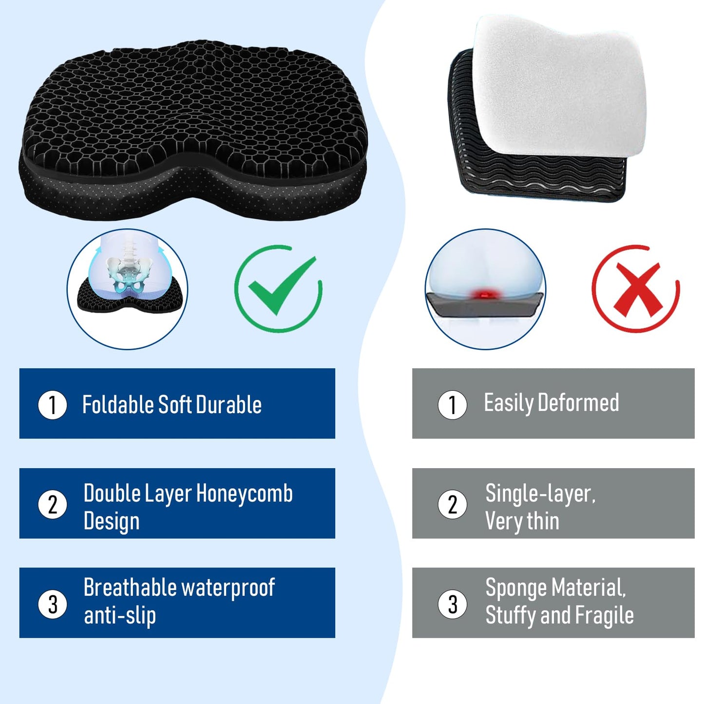 Kayak Seat Cushion, Thicken Anti Slip Waterproof Gel Kayak Seat, Portable Canoe Rowing Rubber Dinghy Pad for Stadium Sit in Kayak Inflatable Fishing Kayak Canoe Kayak Accessories