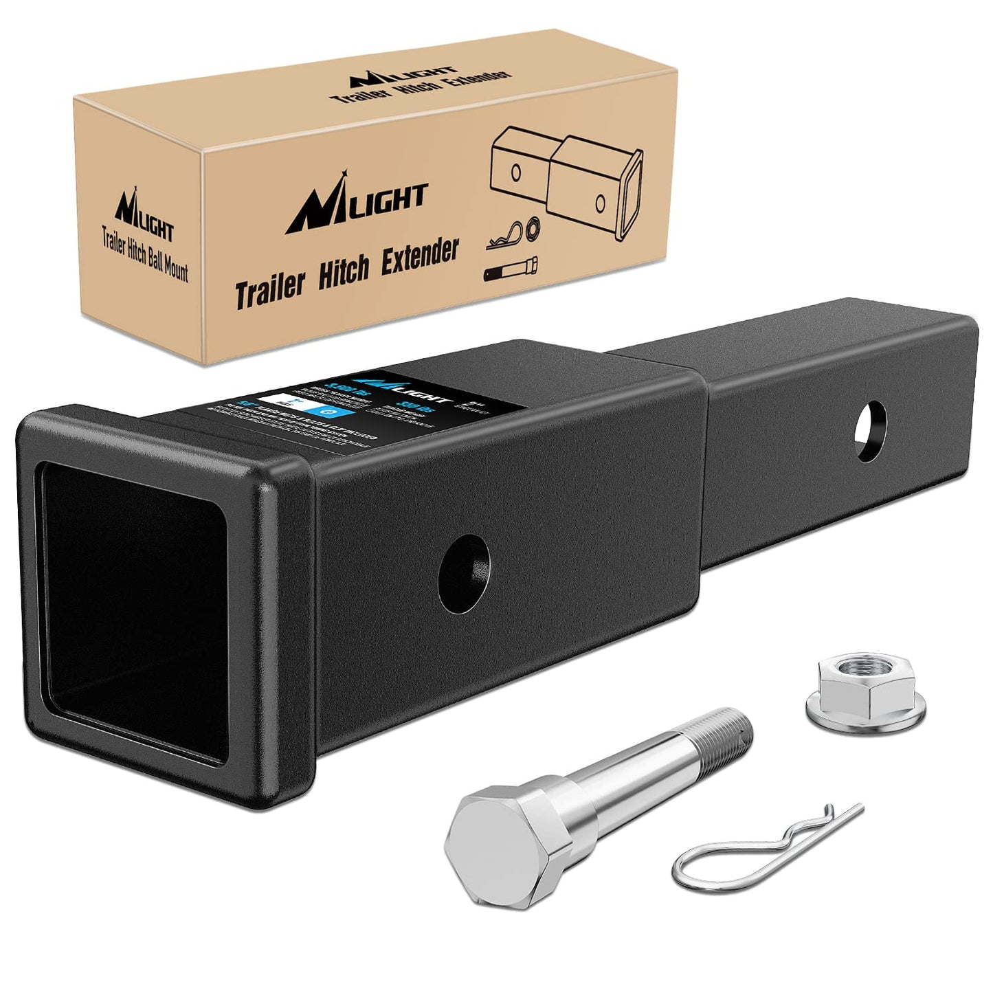 Nilight Trailer Hitch Receiver Extender Adapter Reducer 1-1/4 to 2Inch Hitch Adapter 6-1/2 inch Extension Sleeve Convertor 350Lbs with 1/2-Inch Diameter Pin and Clip with 5/8-Inch Adapter