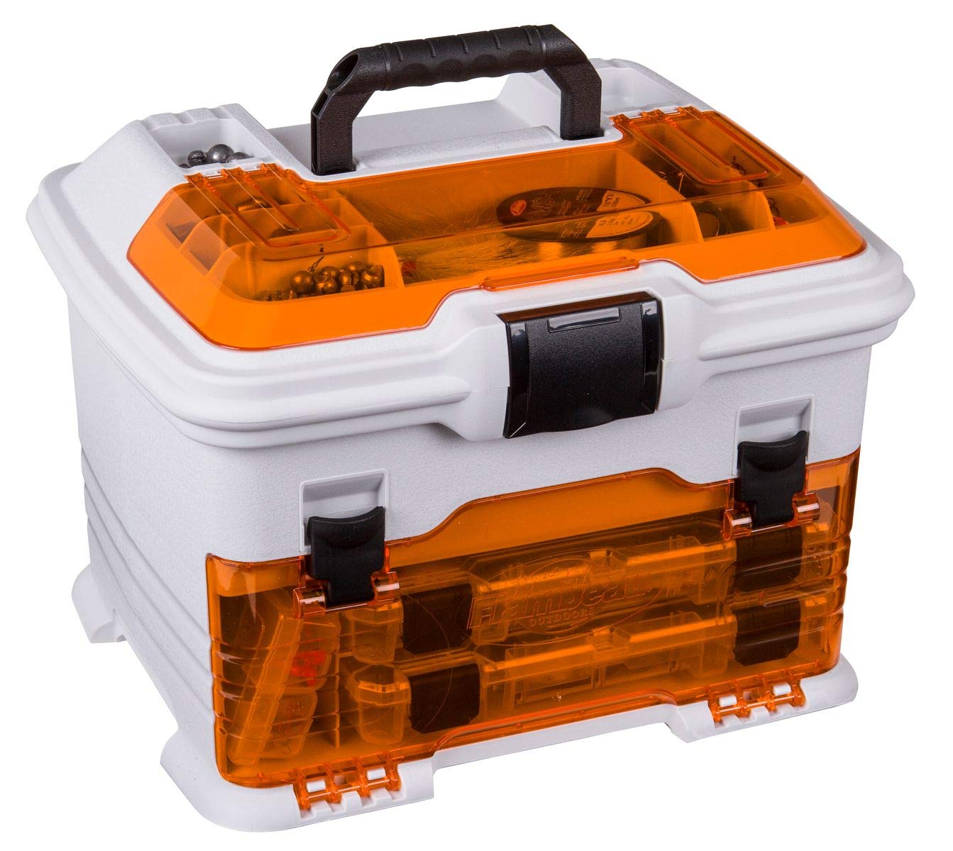 Flambeau Outdoors T4P Pro Multiloader Tackle Box - Portable Fishing Lure Organizer Station With Zerust Anti-RustTechnology, Includes 5 Removable Tuff Tainer Tackle Boxes, White/Orange