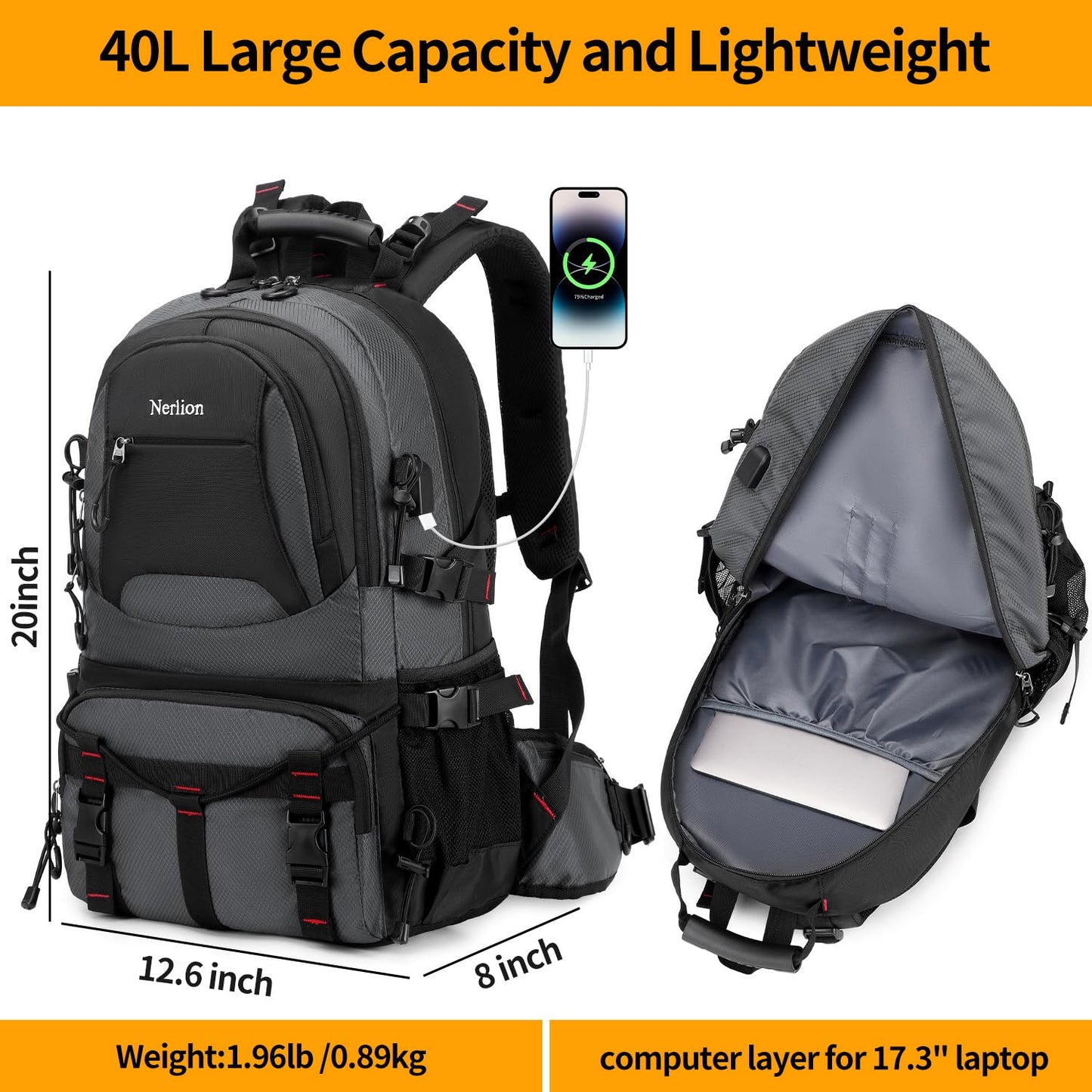 Nerlion 40L Hiking Backpack Travel Backpack for Men Women Camping Waterproof Outdoor Hiking Daypack Lightweight Backpack (Orange)