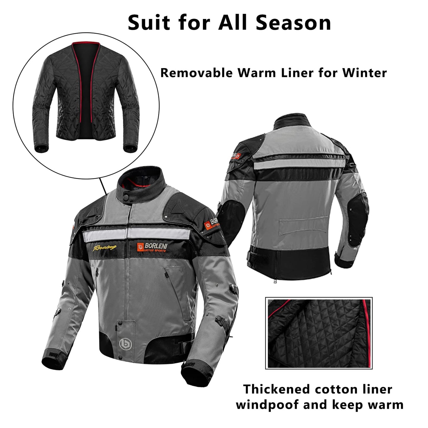 BORLENI Motorcycle Jacket Motorbike Riding Jacket Windproof Motorcycle Full Body Protective Gear Armor