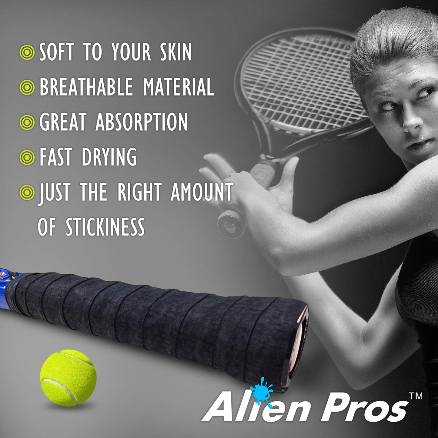 ALIEN PROS Tennis Racket Grip Tape (6 Grips) – Precut and Light Tac Feel Tennis Grip – Tennis Overgrip Grip Tape Tennis Racket – Wrap Your Racquet for High Performance (6 Grips, Black)