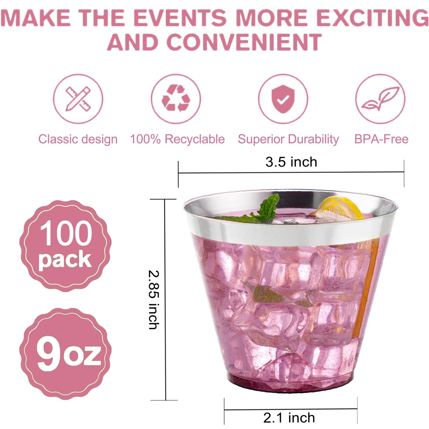 I00000 200 Pack Gold Plastic Cups, 9 Oz Elegant Clear Plastic Cups Gold Rimmed Disposable Wine Glasses Fancy Disposable Party Cups Wedding Cups Drinking Tumblers Plastic Cocktail Glasses with Gold Rim