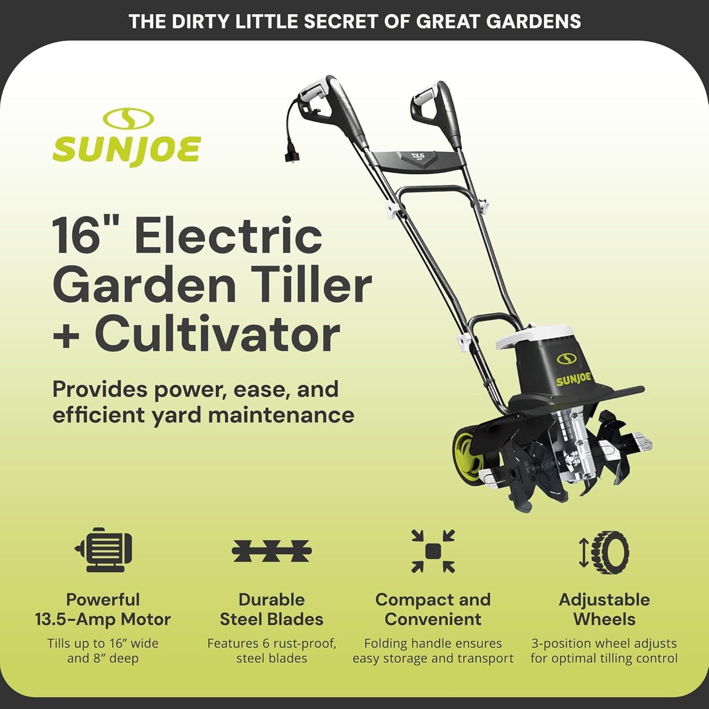 Sun Joe Electric Corded Garden Tiller & Cultivator, Steel Tines, 13.5 Amp, 16 Inch, Black - Heavy Duty Gardening Machine Equipment for Lawn, Yard, & Grass