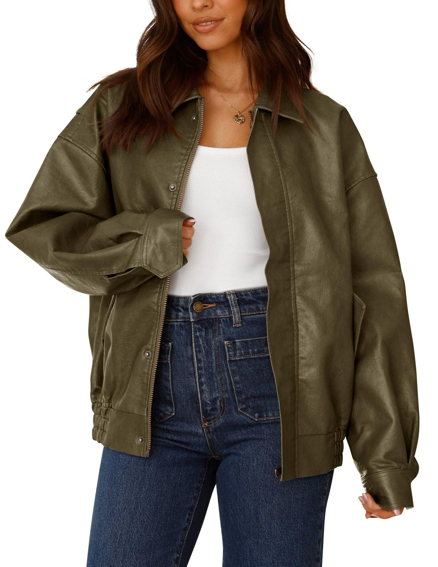 PRETTYGARDEN Women's Faux Leather Motorcycle Jacket Trendy Fall Spring Clothes Oversized Zip Up Winter Coat Outerwear