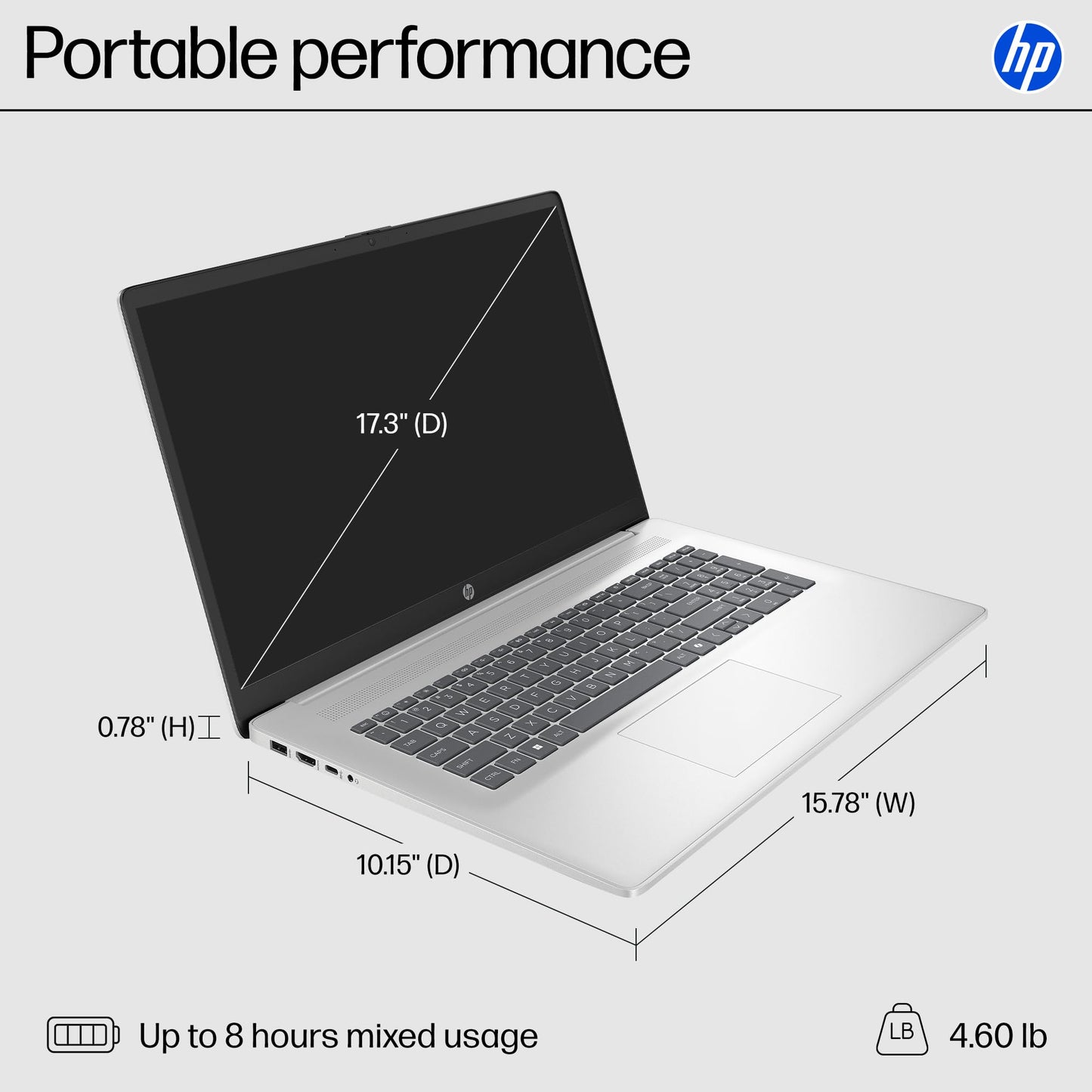 HP 17.3 inch Laptop, FHD Display, Intel Core i5-1334U, 16 GB RAM, 512 GB SSD, Intel Iris Xe Graphics, Windows 11 Home, Natural Silver, 17-cn3399nr