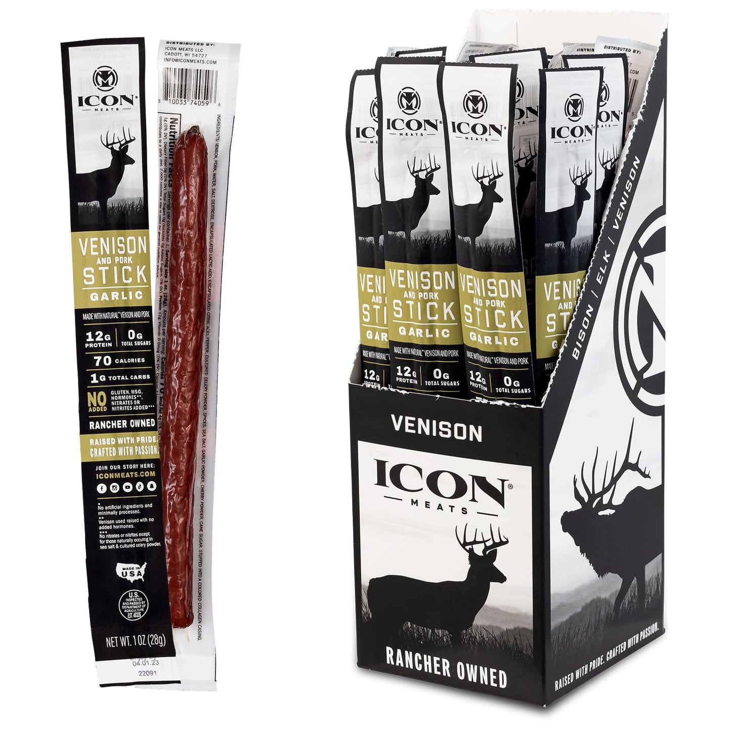 ICON Meats Snack Sticks Sampler - Assorted Flavors of Bison, Elk, Venison and Pork Jerky Sticks - 24 Pack of Individually Wrapped Meat Sticks, 6 Per Flavor – USDA Approved, All Natural Artisan Meats