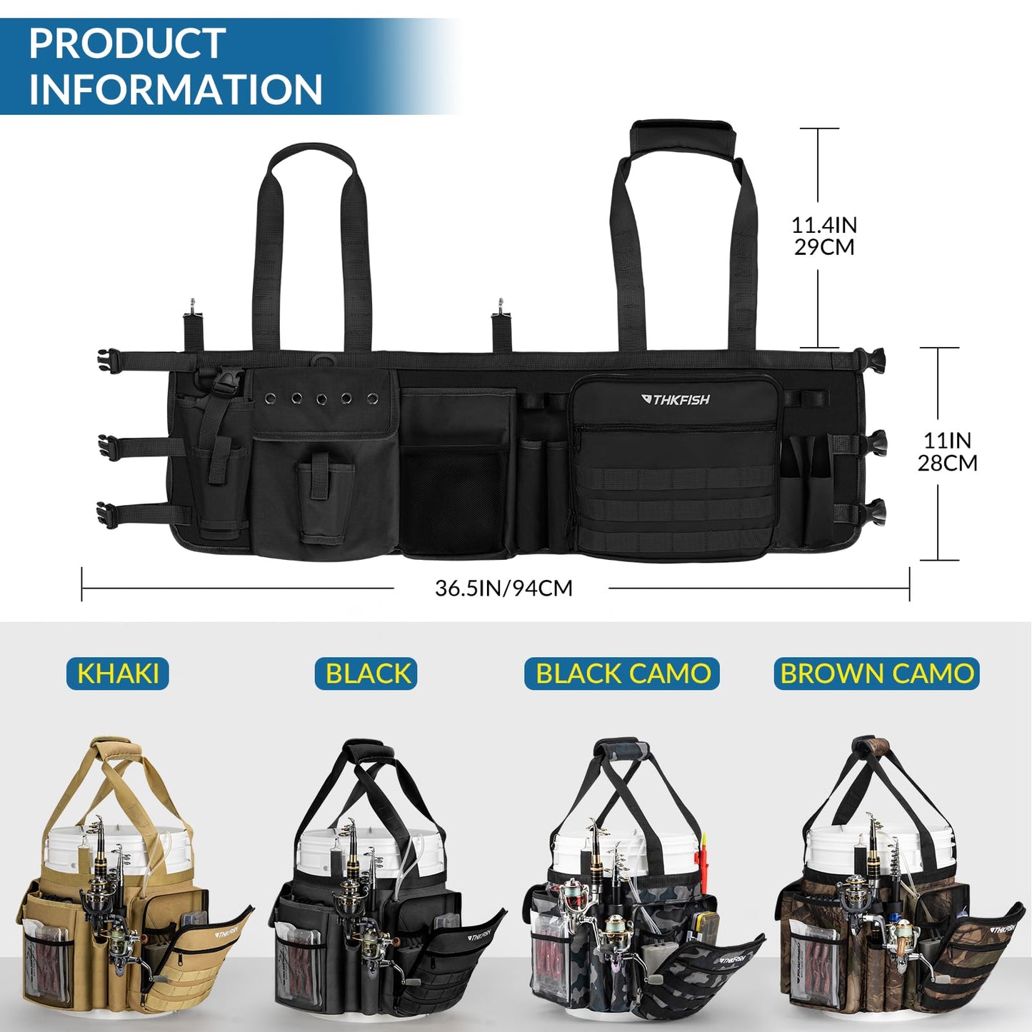 THKFISH Fishing Bucket Organizer for 5 Gallon Bucket, Ice Fishing Bucket Bag with Rod & Plier Holder, Adjustable Fish Protection Bucket Bag with Multi-Pockets for Fishing Gear