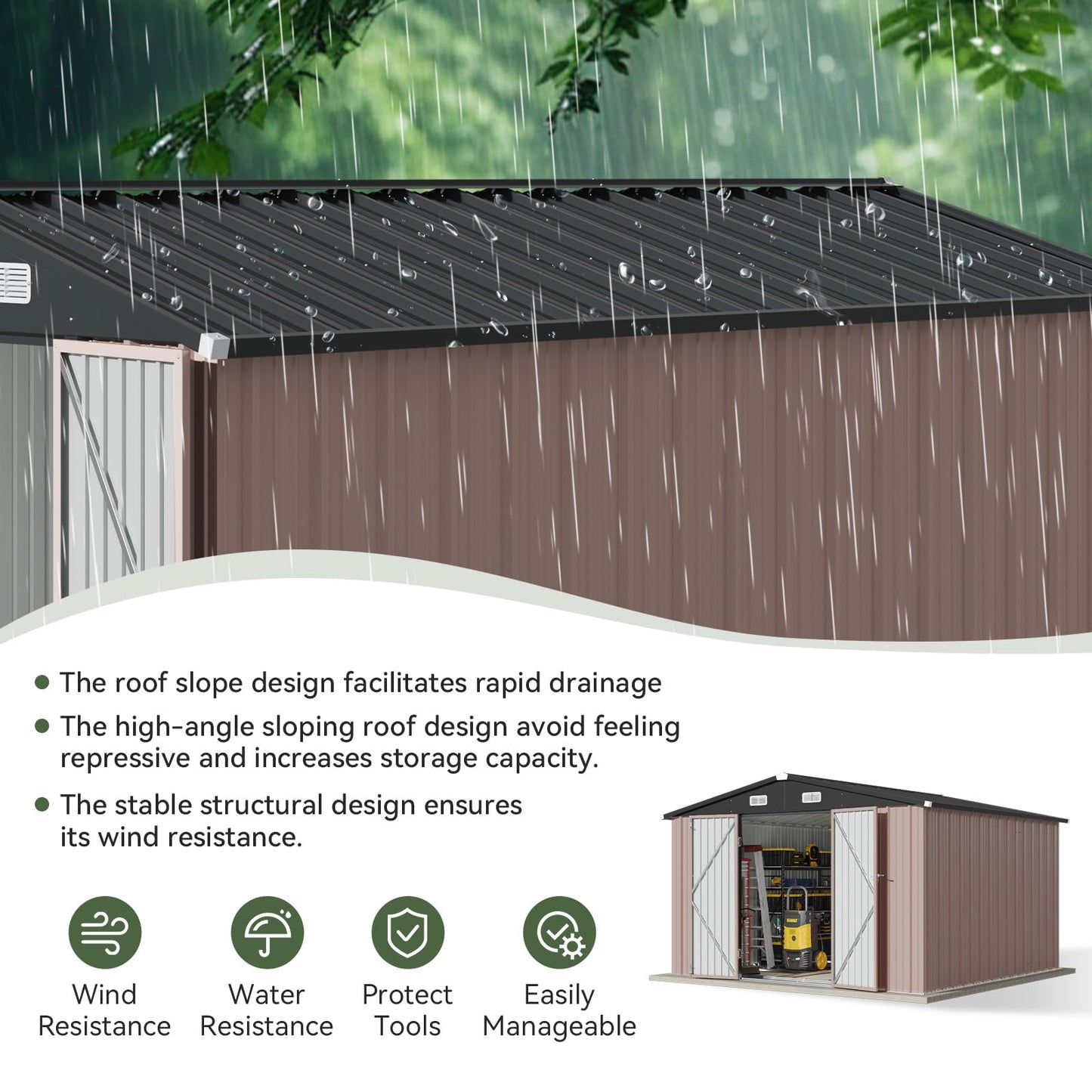 Aoxun 12x10 FT Shed Metal Outdoor Waterproof Storage Shed Steel Utility Garden Tool Shed with Door & Lock Outdoor Storage for Garden Patio Lawn Poolside, Brown