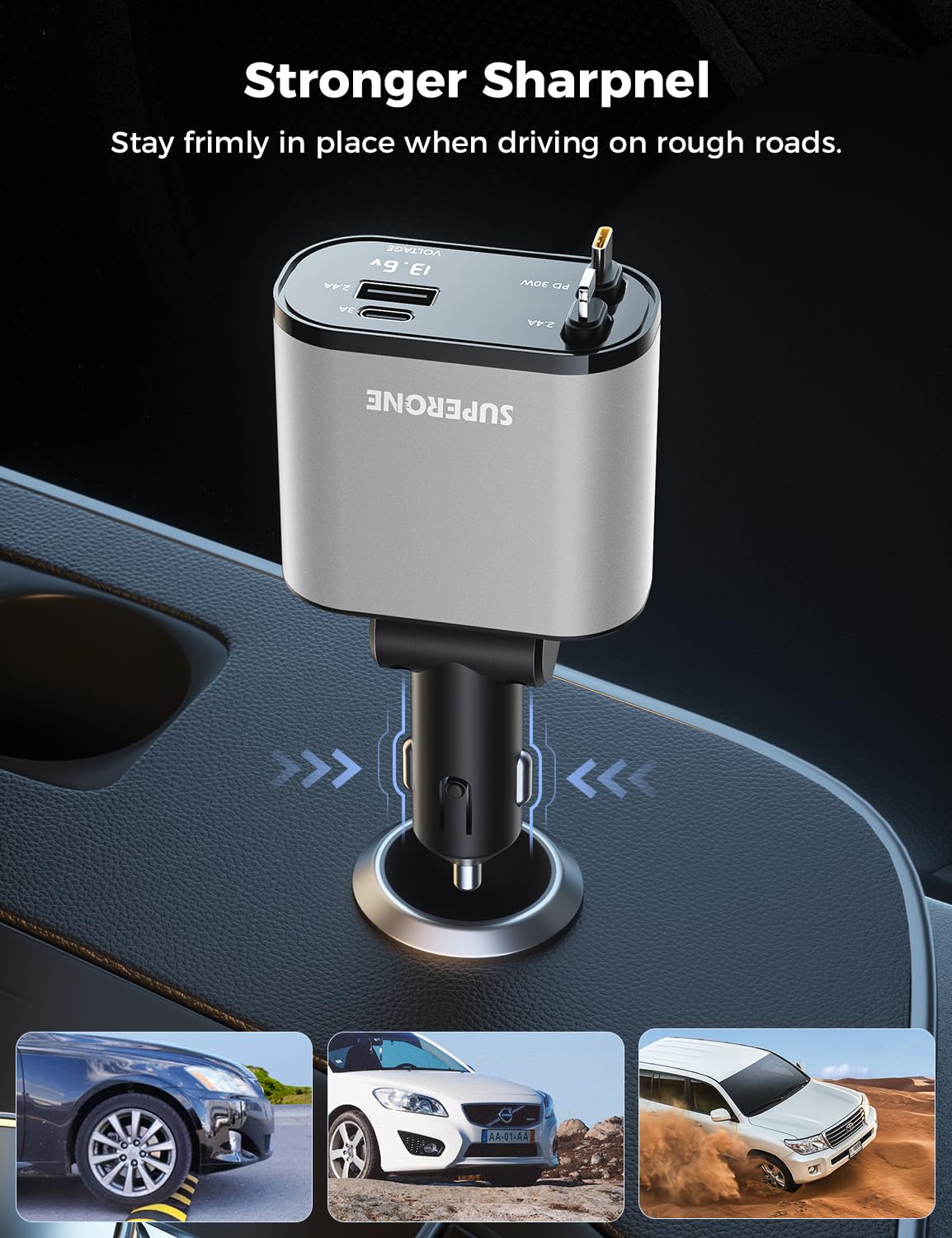 【Upgraded】 SUPERONE Retractable Car Charger 4 in 1, Fast Car Phone Charger with Cord 2.6ft, USB C and Apple Car Adapter, Compatible with iPhone 16 15/15 Pro Max/14/13/12/11, Galaxy, Pixel