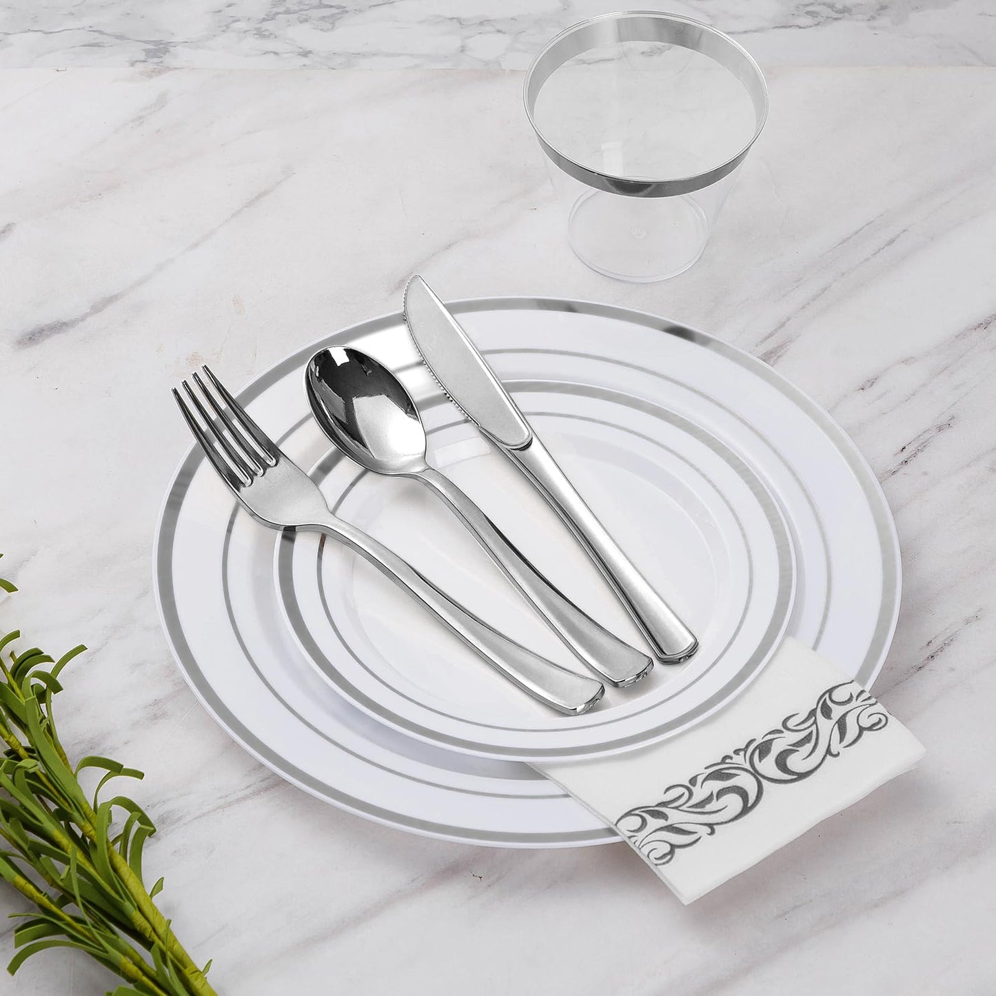 Goodluck 700 Piece Silver Dinnerware Set for 100 Guests, Disposable Plastic Plates for Party, Include: 100 Dinner Plates, 100 Dessert Plates, 100 Paper Napkins, 100 Cups, 100 Silverware set