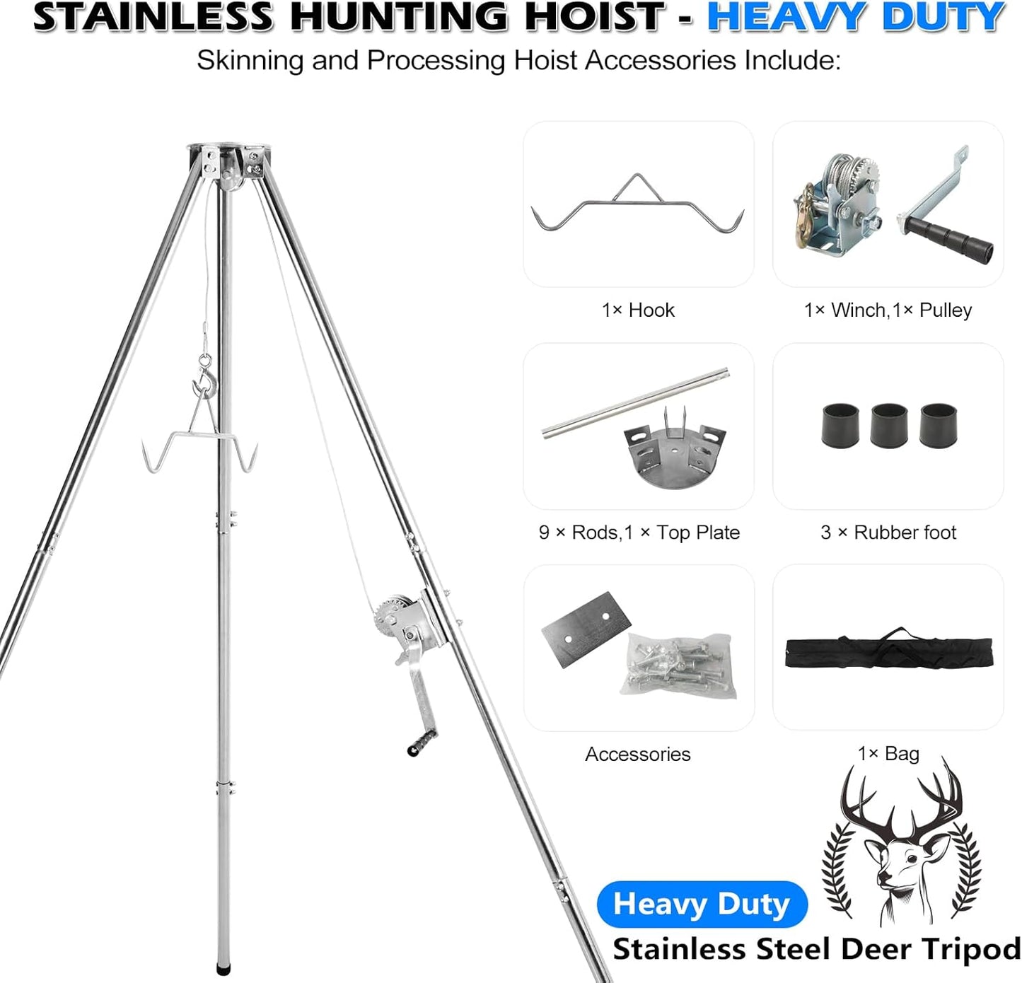 Deer Game Hoist Tripod Deer Hanger Stainless Steel Rack Stand for Hunting Processing Cleaning Hide Skinning with 500lb Capacity Gambrel and Manual Winch - Heavy Duty