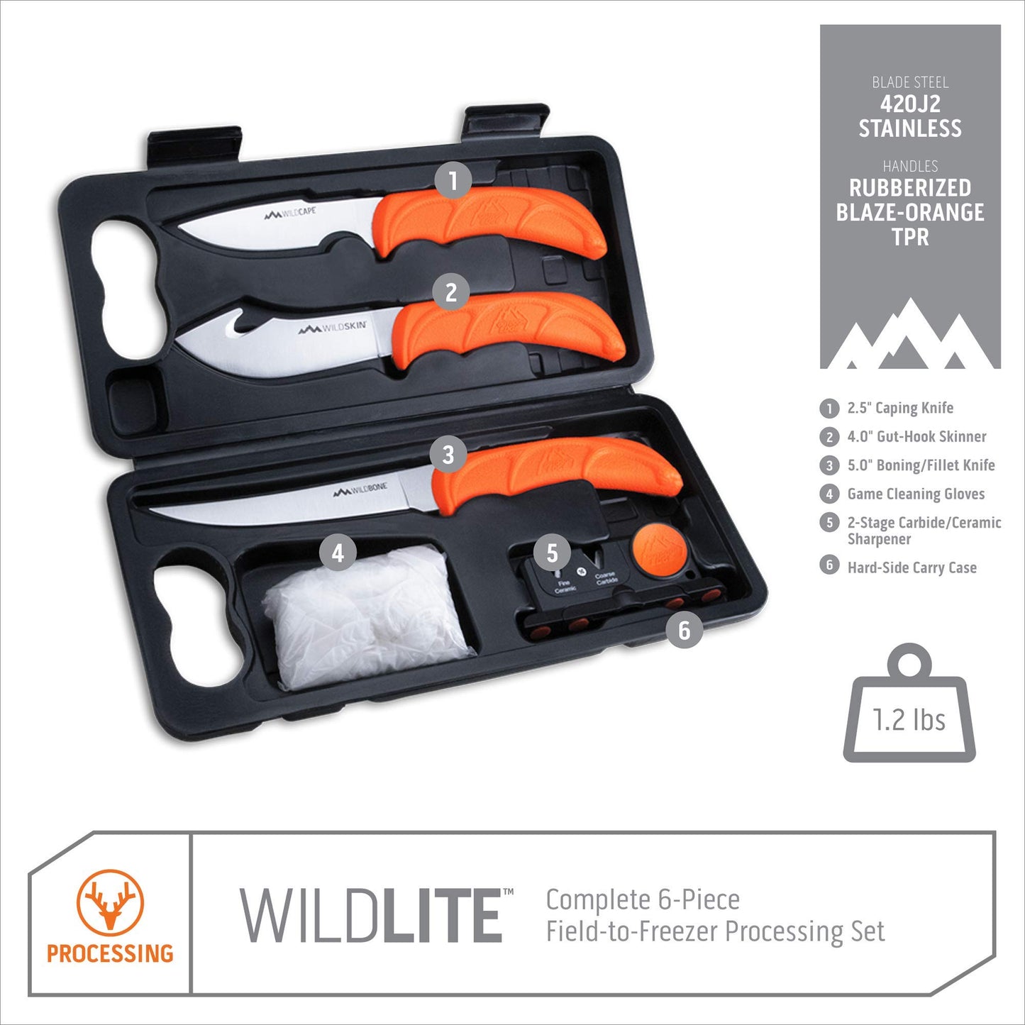 Outdoor Edge WildLite - 6-Piece Field to Freezer Hunting & Game Processing Knife Set with Gut Hook Knife, Caping Knife - Hunting Knives for Gutting Deer with Case - Deer Hunting Accessories