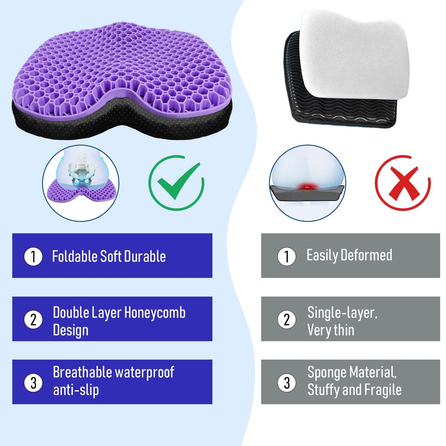 Kayak Seat Cushion, Thicken Anti Slip Waterproof Gel Kayak Seat, Portable Canoe Rowing Rubber Dinghy Pad for Stadium Sit in Kayak Inflatable Fishing Kayak Canoe Kayak Accessories