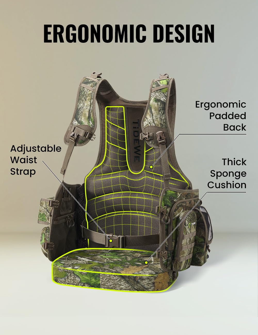 TIDEWE Turkey Vest with Seat, Hunting Vest with Game Pouch and Kickstand, Strut Camo Turkey Hunting Clothes for Men Women