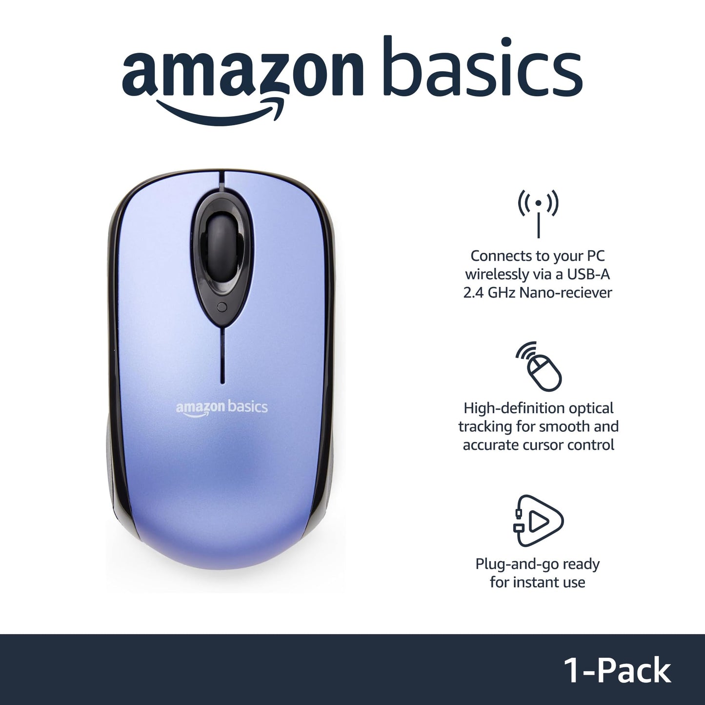 Amazon Basics 2.4 Ghz Wireless Optical Computer Mouse with USB Nano Receiver, Blue