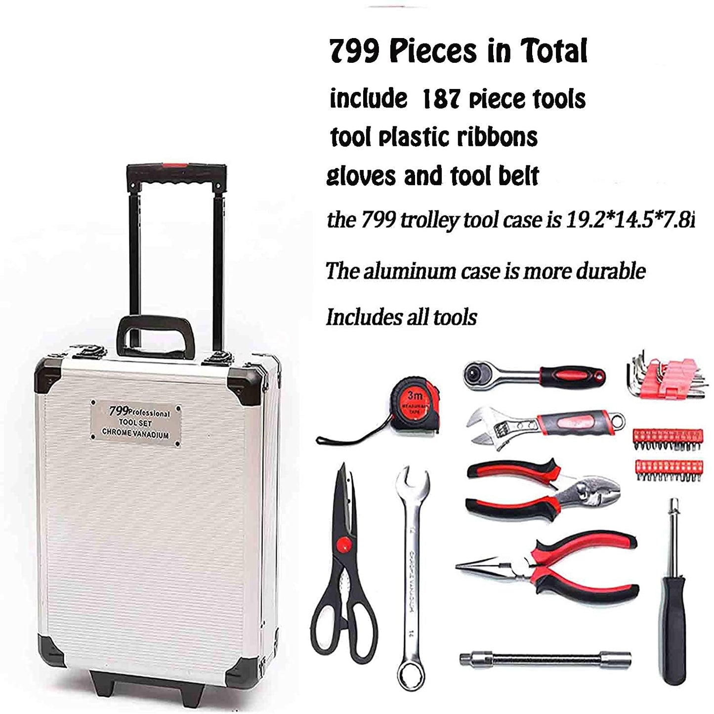 Arcwares 799pcs Aluminum Trolley Case Tool Set Silver, House Repair Kit Set, Household Hand Tool Set, with Tool Belt,Gift on Father's Day (Black)