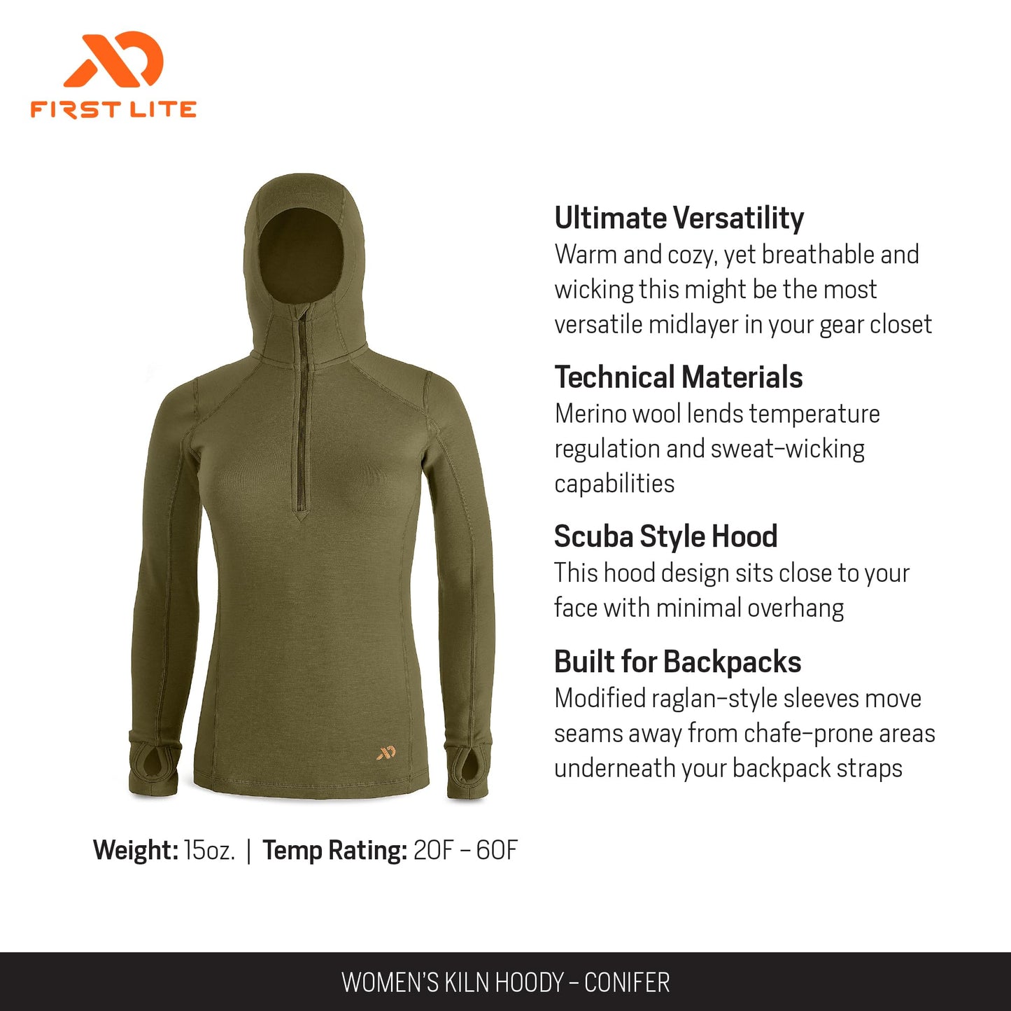 First Lite Women's Kiln Hoody - Merino Wool Midweight Camo Hunting Base Layer