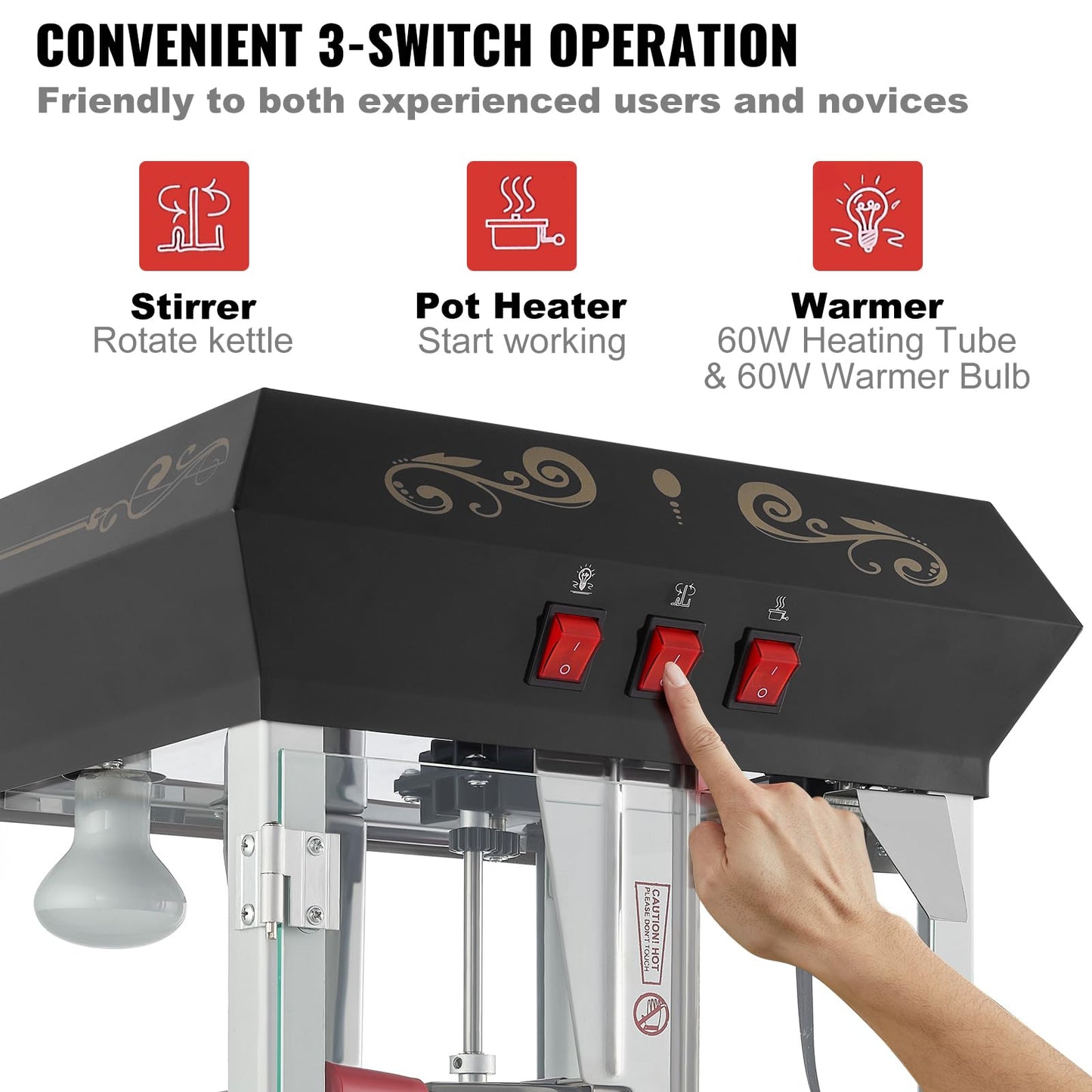 VEVOR Commercial Popcorn Machine, 8 Oz Kettle, 850 W Countertop Popcorn Maker for 48 Cups per Batch, Theater Style Popper with 3-Switch Control Steel Frame Tempered Glass Doors 2 Scoops 2 Spoons, Red